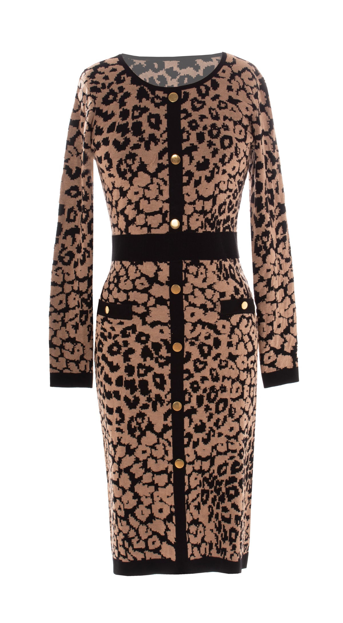 Maison Tara Leopard Print Sweater Dress with Gold-Tone Buttons