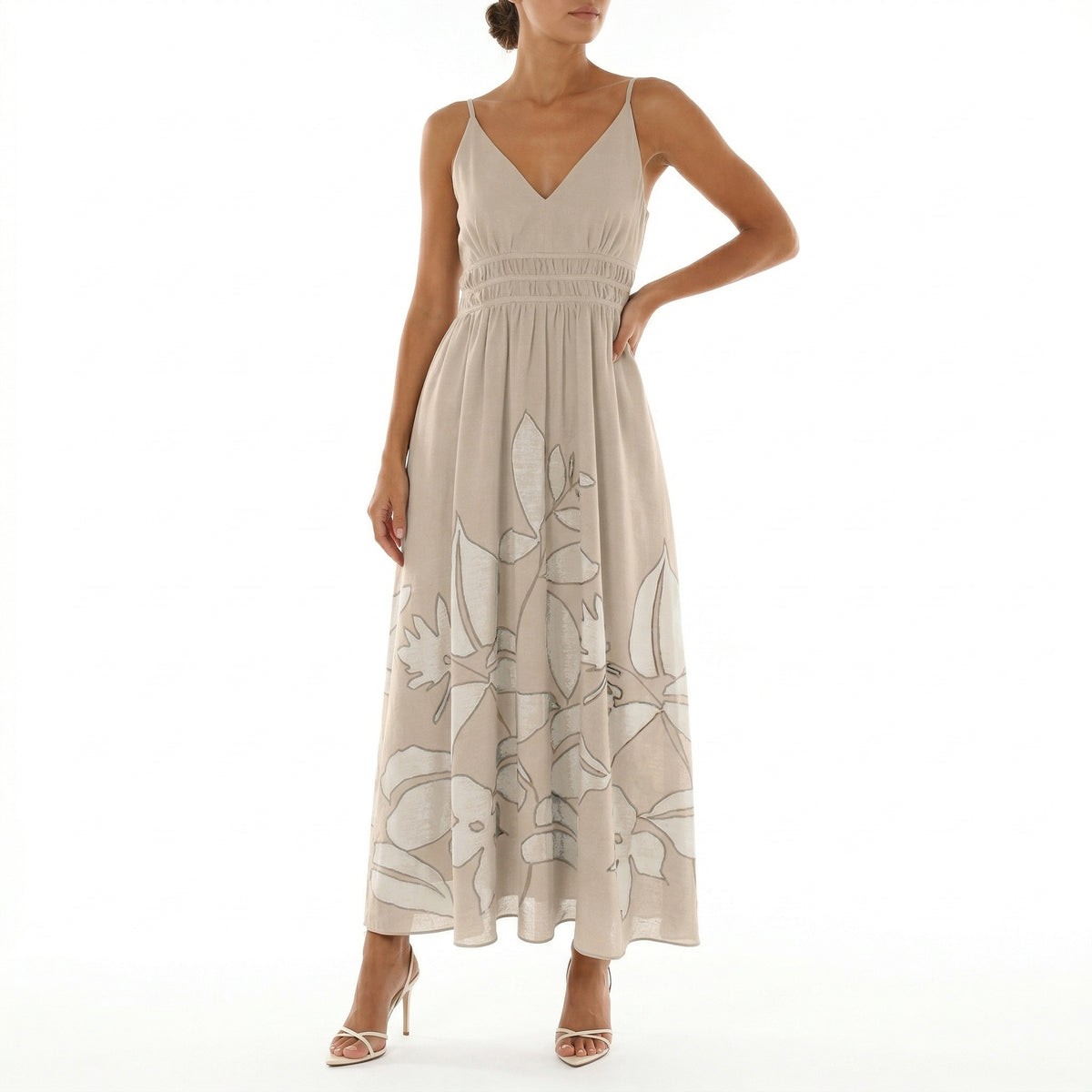 NATURAL/IVORY FLORAL MAXI DRESS – SLEEVELESS V-NECK SPAGHETTI STRAP EMPIRE WAIST FLOWY SPRING/SUMMER DRESS Beige / 2