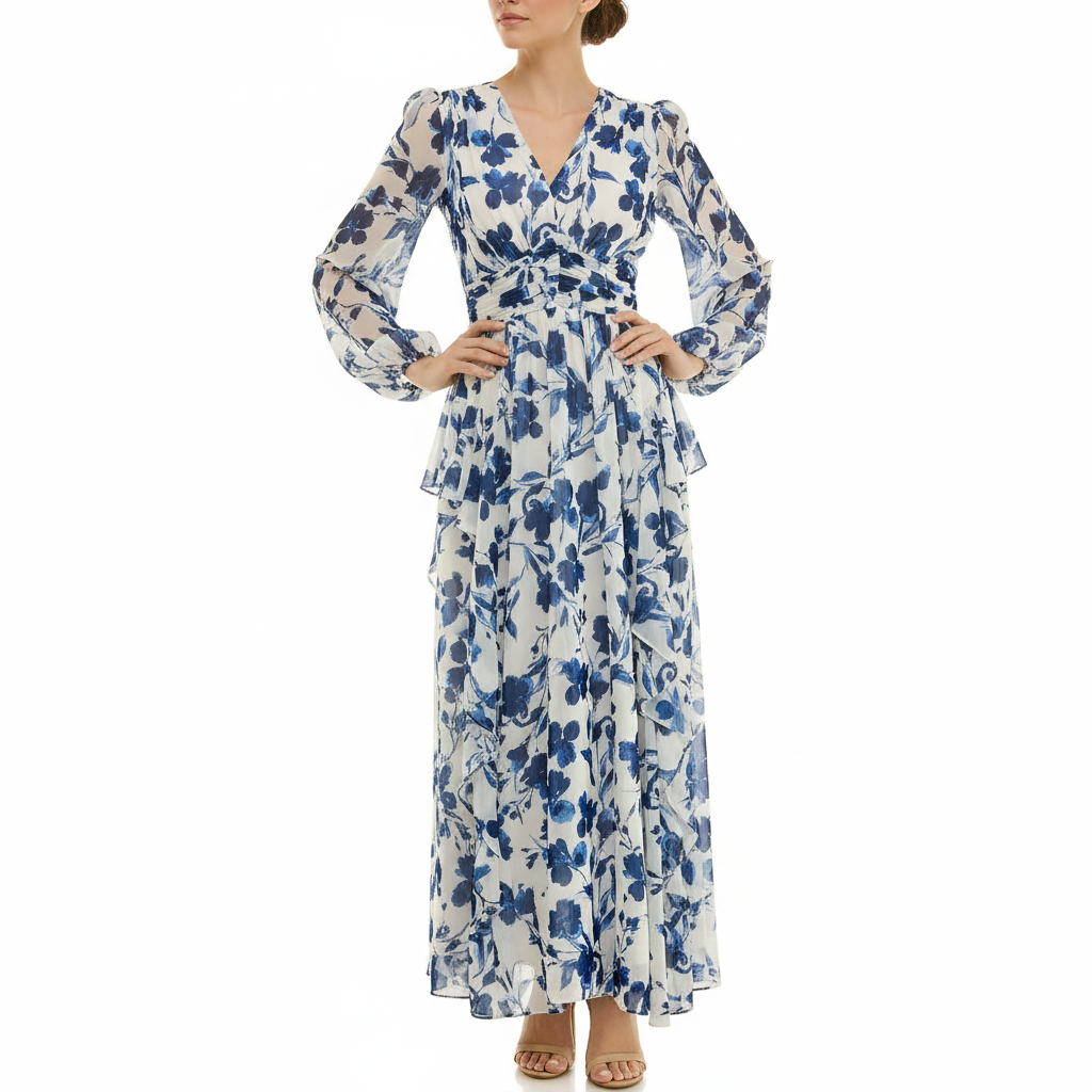 Women’s long-sleeve blue floral maxi dress with V-neckline, sheer chiffon fabric, empire waist, and flowy skirt, shown full length on model.