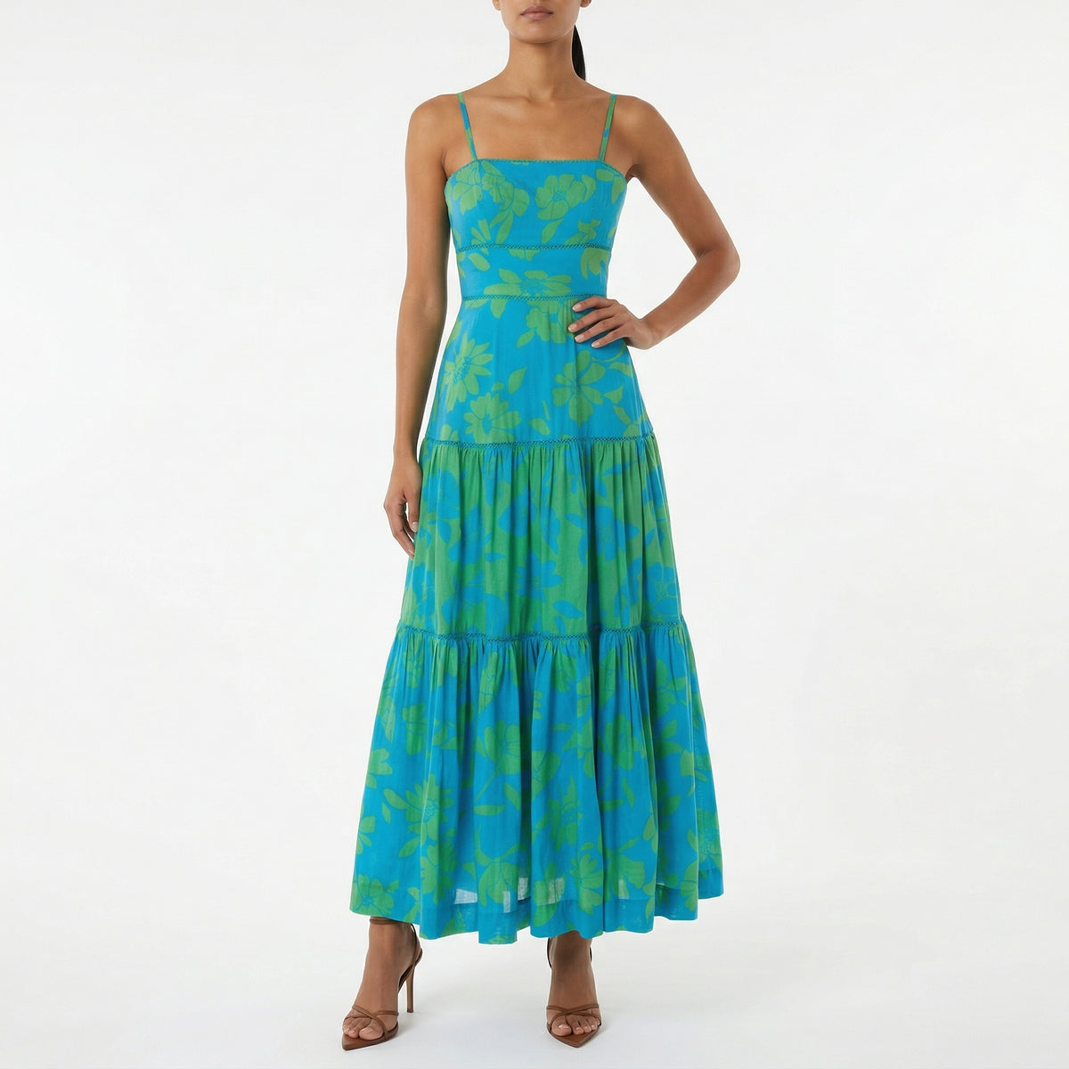 BLUE/JUNGLE GREEN FLORAL MAXI DRESS – SPAGHETTI STRAP TIERED SPRING/SU – Kelly Grace Brands