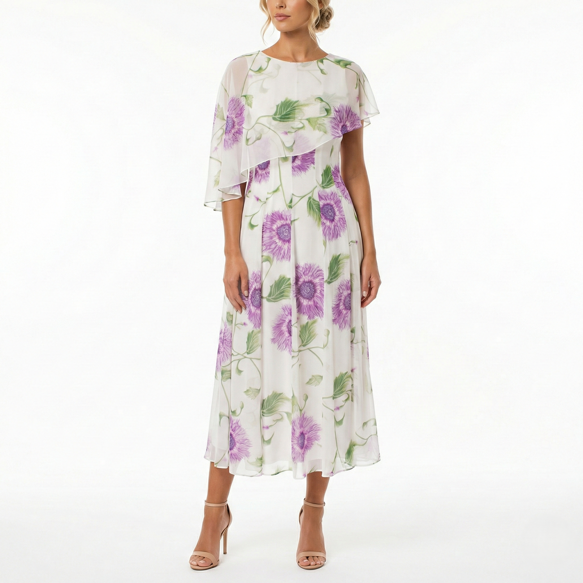 FLORAL CHIFFON MIDI DRESS WITH CAPE SLEEVES – Kelly Grace Brands