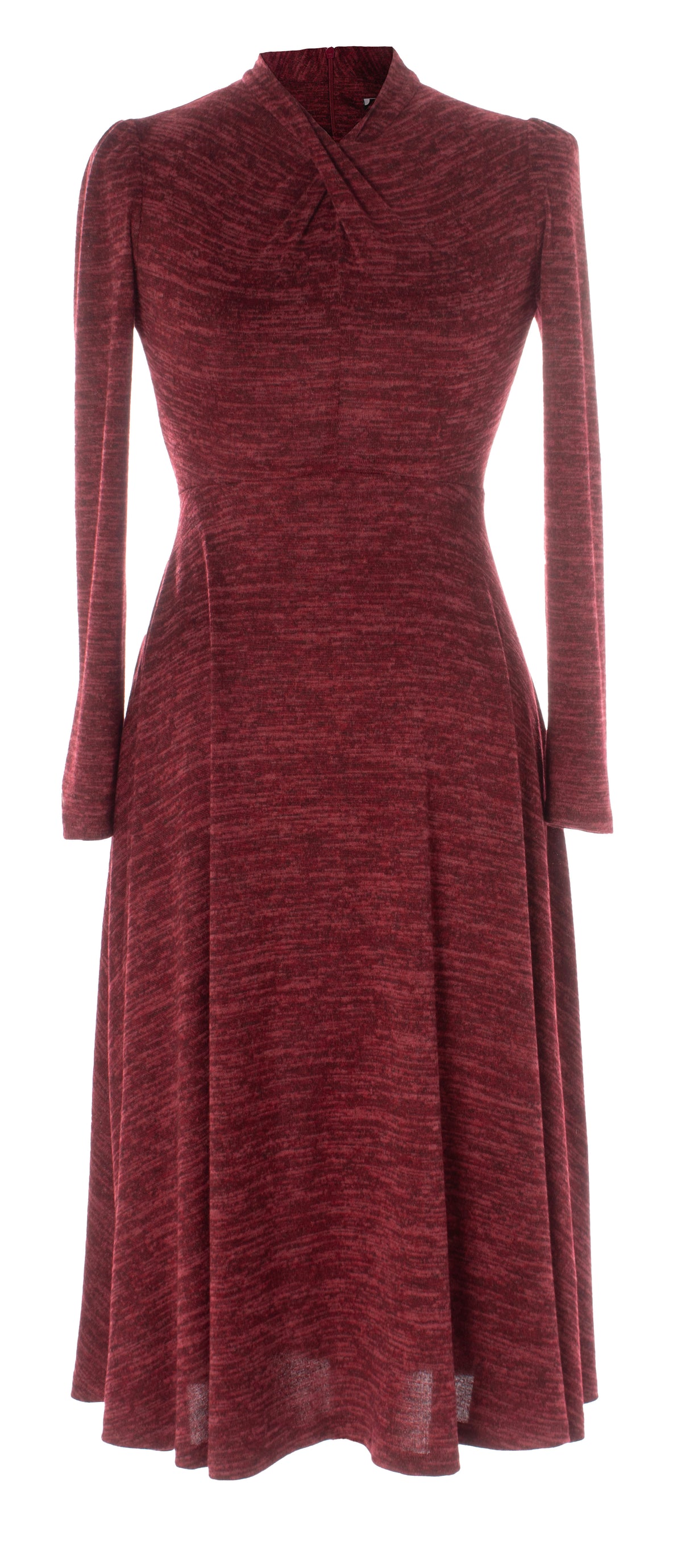 LIPSTICK RED TWIST NECK LONG SLEEVE FIT-AND-FLARE MIDI DRESS