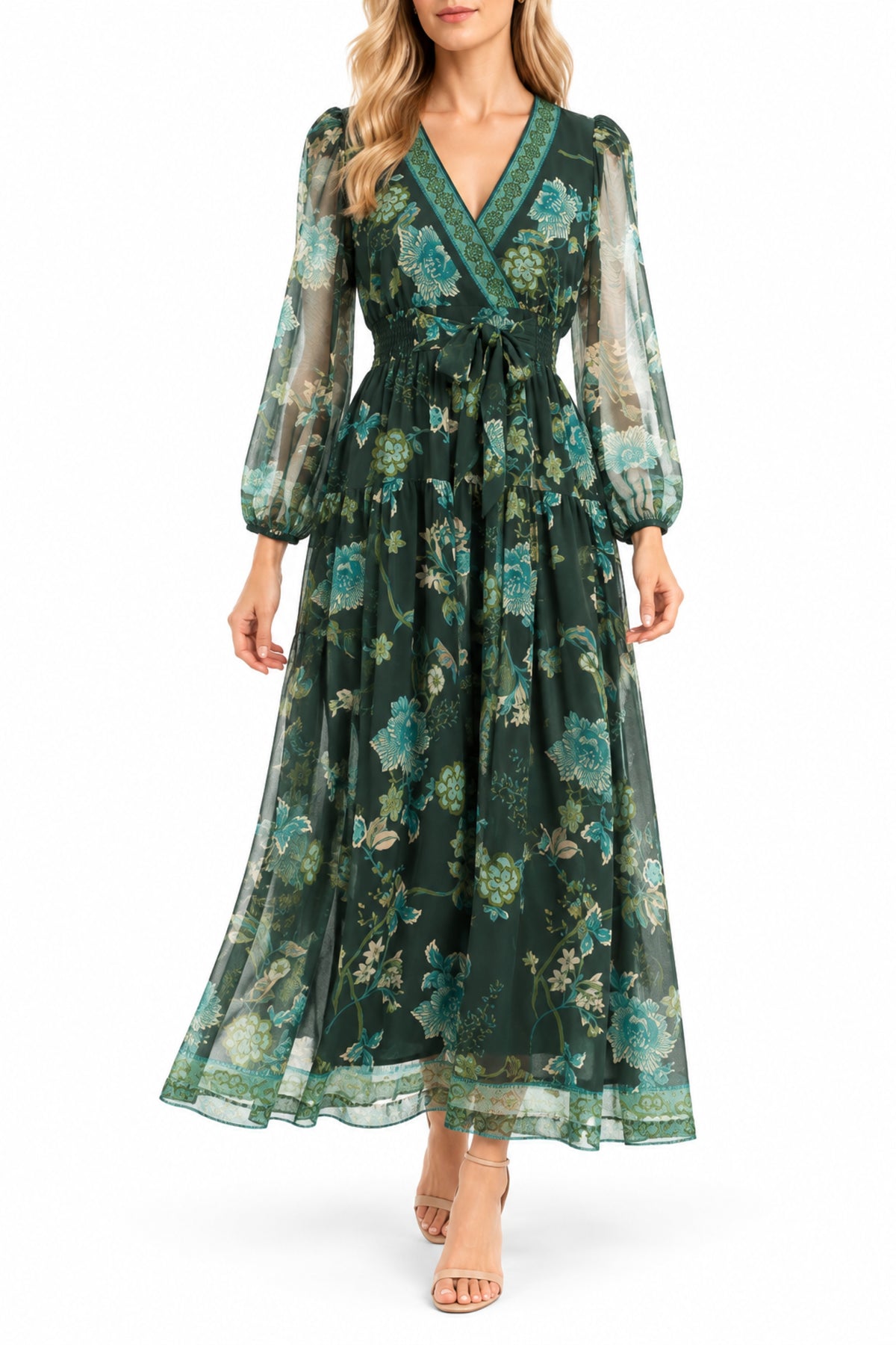 Green Floral Midi Dress | Wedding Guest & Church | Maison Tara green-floral-midi-dress-wedding-guest-church