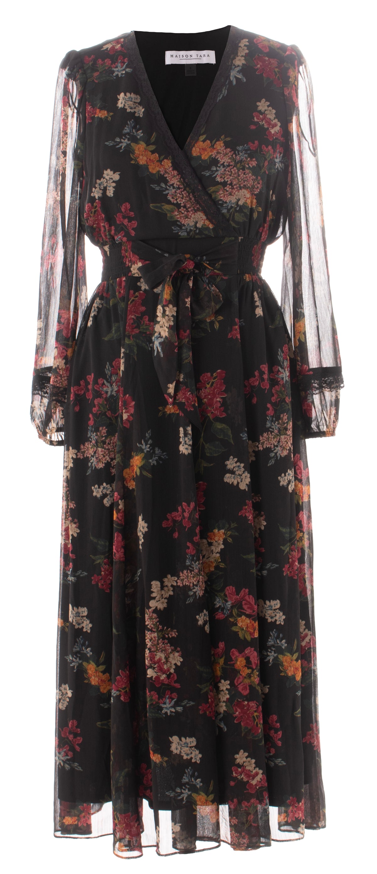 Maison Tara black floral chiffon maxi wedding guest dress front view