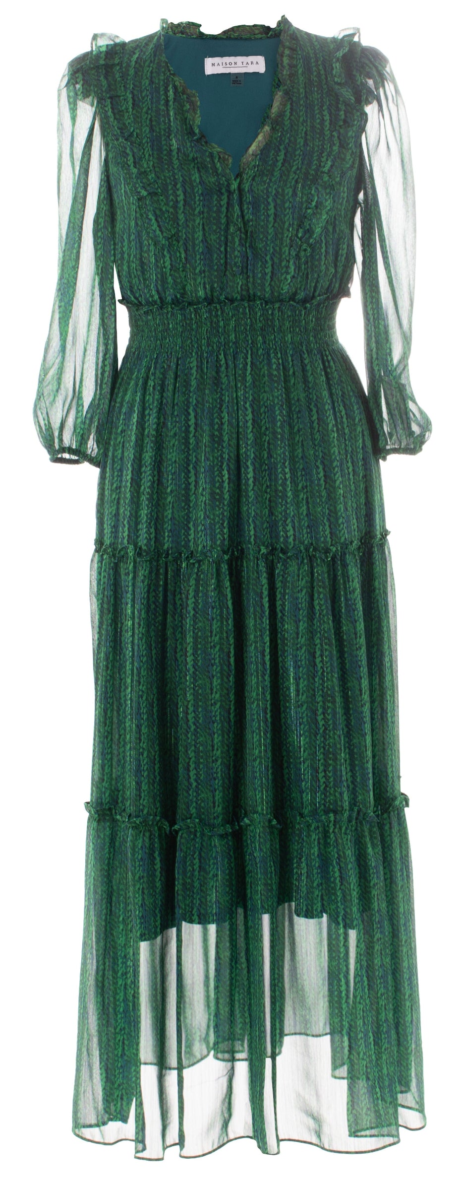A green tiered midi dress with sheer long sleeves and a V-neckline, shown against a plain white background.