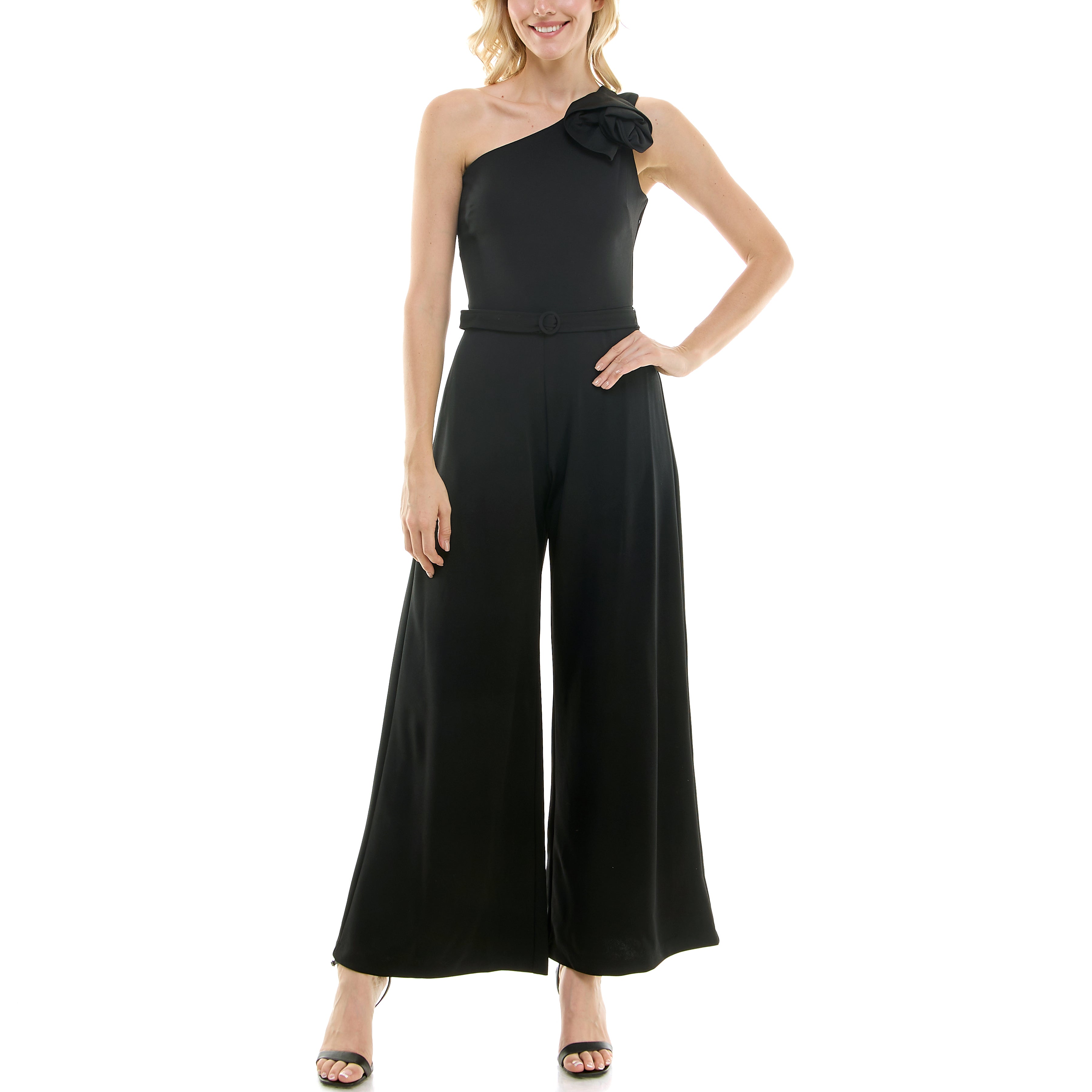 MAISON TARA ONE SHOULDER ROSETTE EMBELLISHED FLARED WAIST