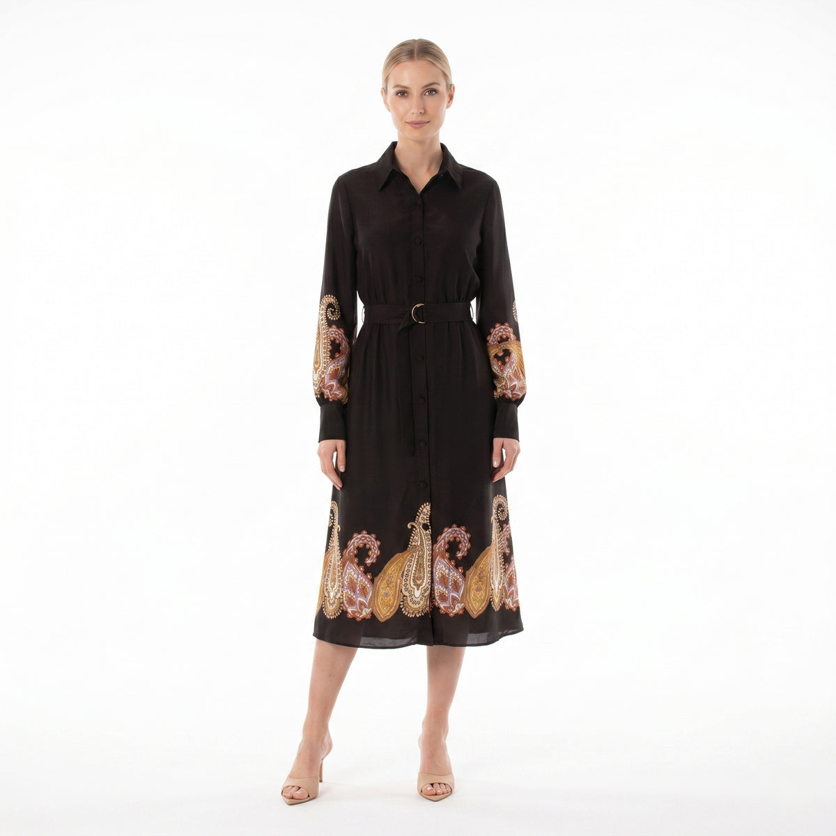 bgl maxi dress Burgundy Party A-line Crewneck Long Sleeve Maxi Dress with Belt BGL