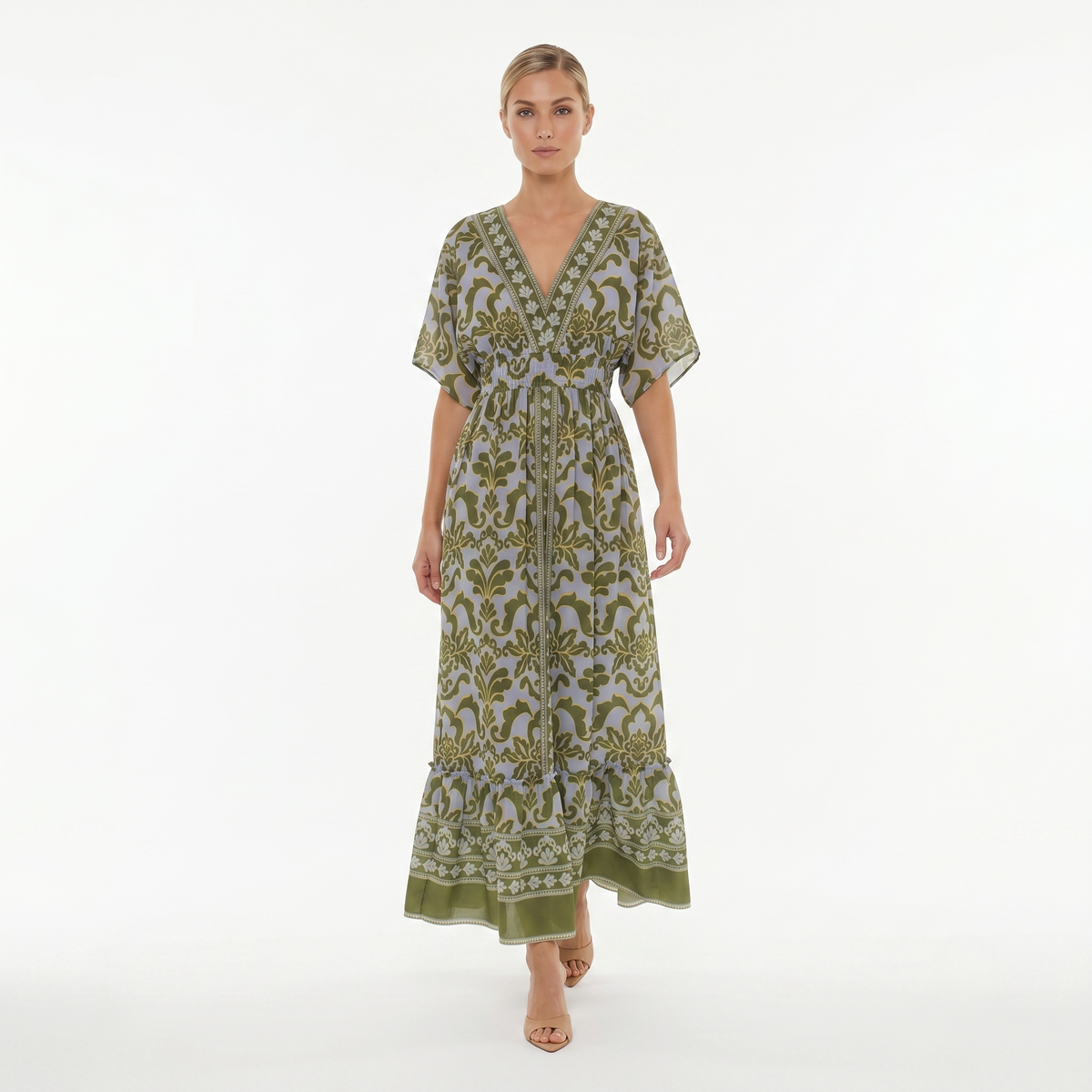 olive green boho dress Ceyna Elegant Olive Green Plus Size Casual Vacation Tie Front Dress,Versatile Autumn Holiday Resort Wear,Western Boho Dresses For Women For Spring & Summer