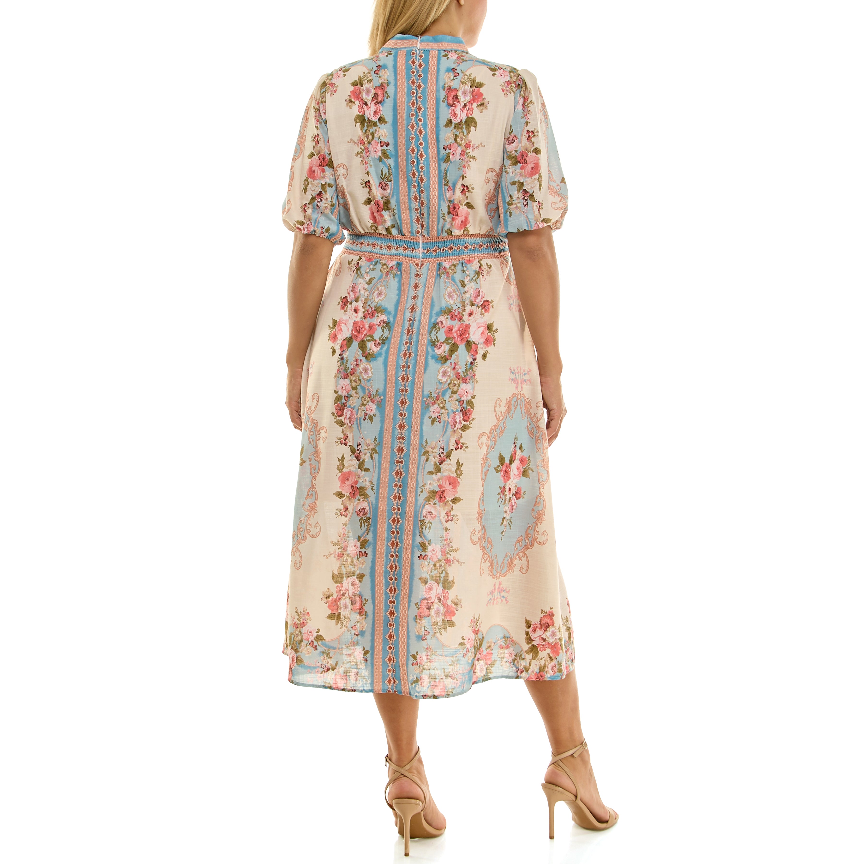 Back view of a floral chiffon midi dress with three-quarter sleeves, waist tie, and flowy tiered skirt.