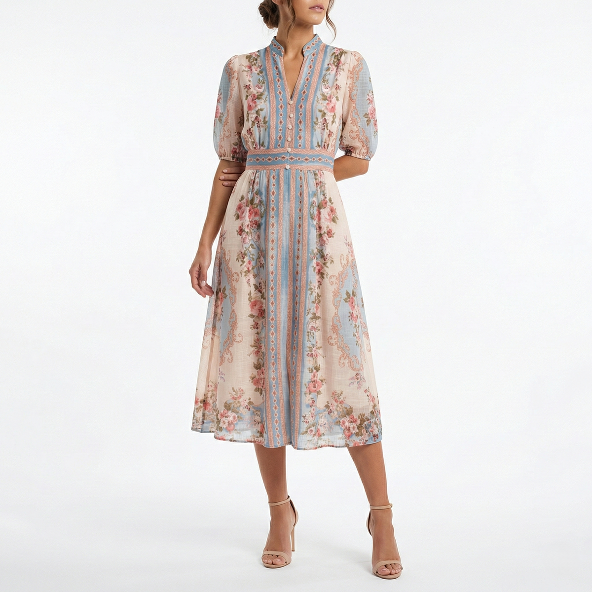 palais floral midi dress Cream FLORAL MIDI DRESS WITH BLUE PANEL DETAIL, BUTTON FRONT AND PUFF SLEEVES Cream / 14