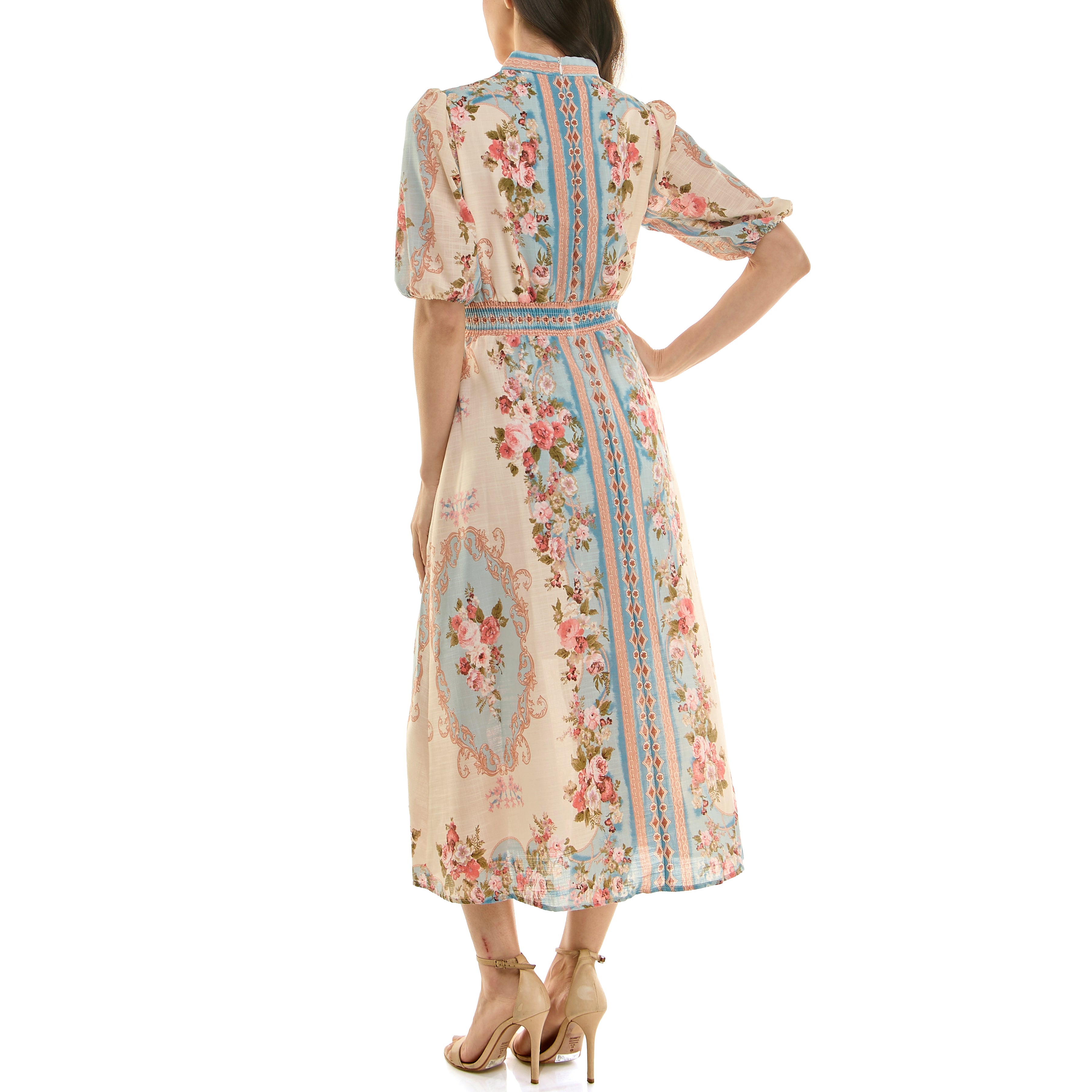 Floral midi dress with blue stripe detail and smocked waist, back angled view.