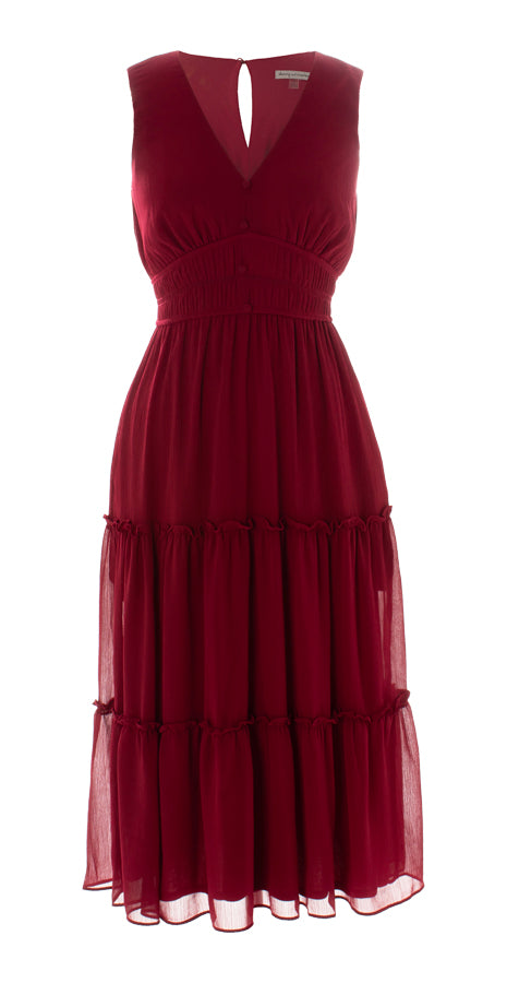 BOYSENBERRY V-NECK RUCHED WAIST TIERED MIDI DRESS