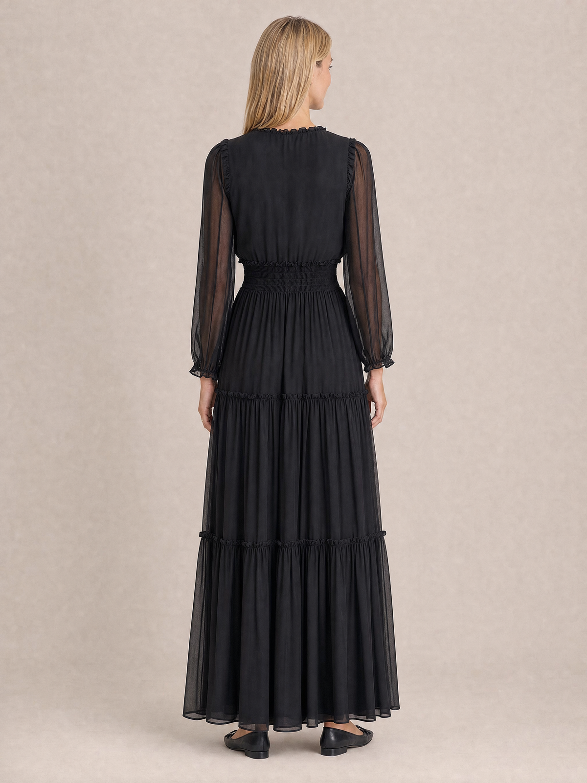 Maison Tara Black Chiffon Tiered Maxi Dress with Smocked Waist