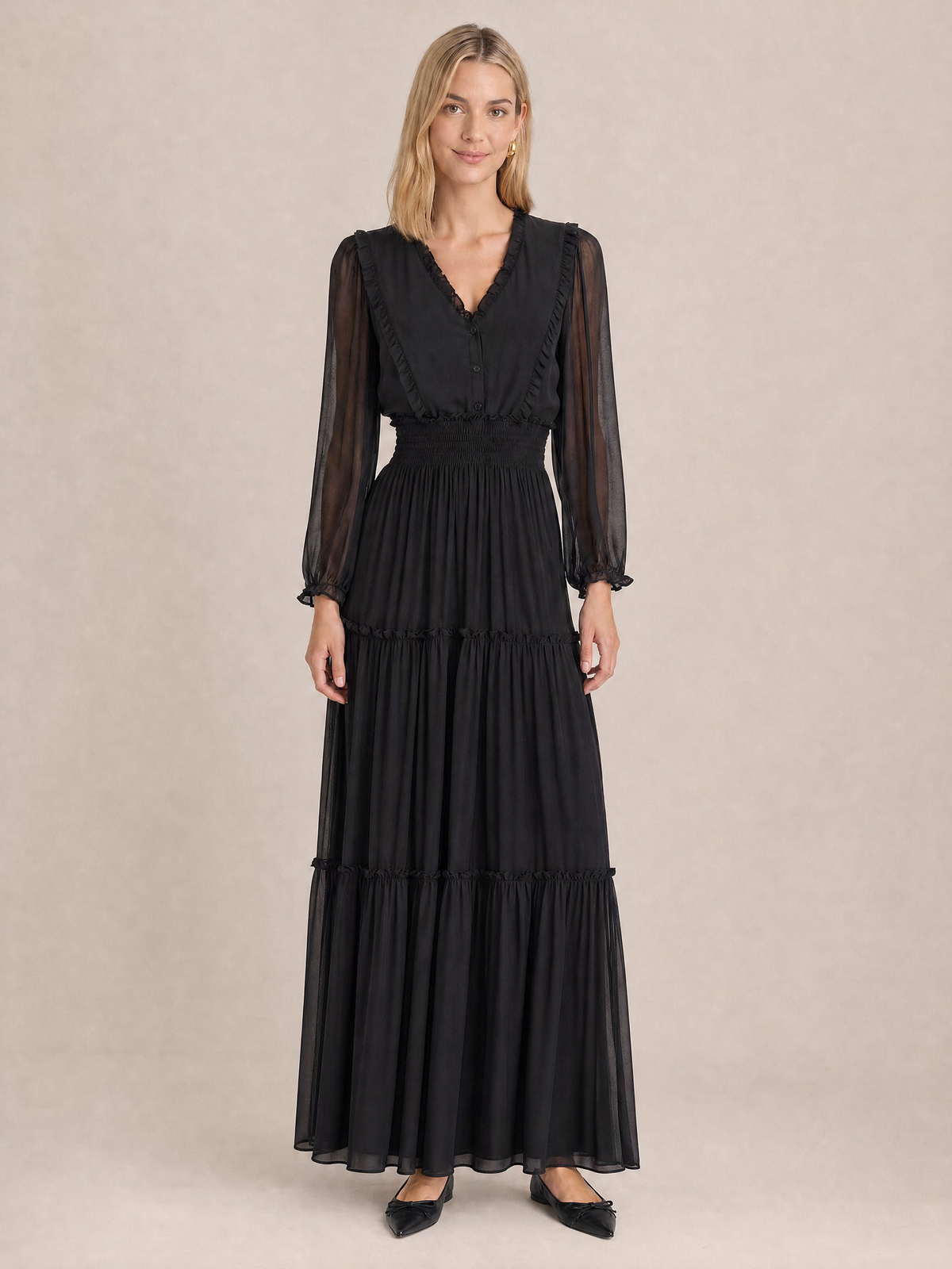 Maison Tara Black Chiffon Tiered Maxi Dress with Smocked Waist
