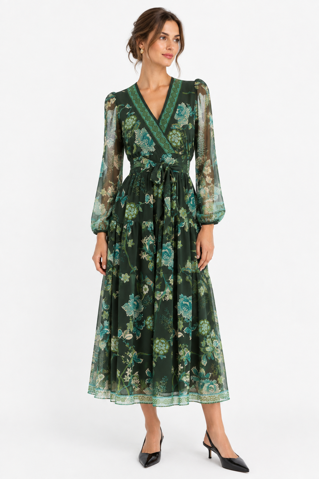 Green Floral Midi Dress | Wedding Guest & Church | Maison Tara green-floral-midi-dress-wedding-guest-church