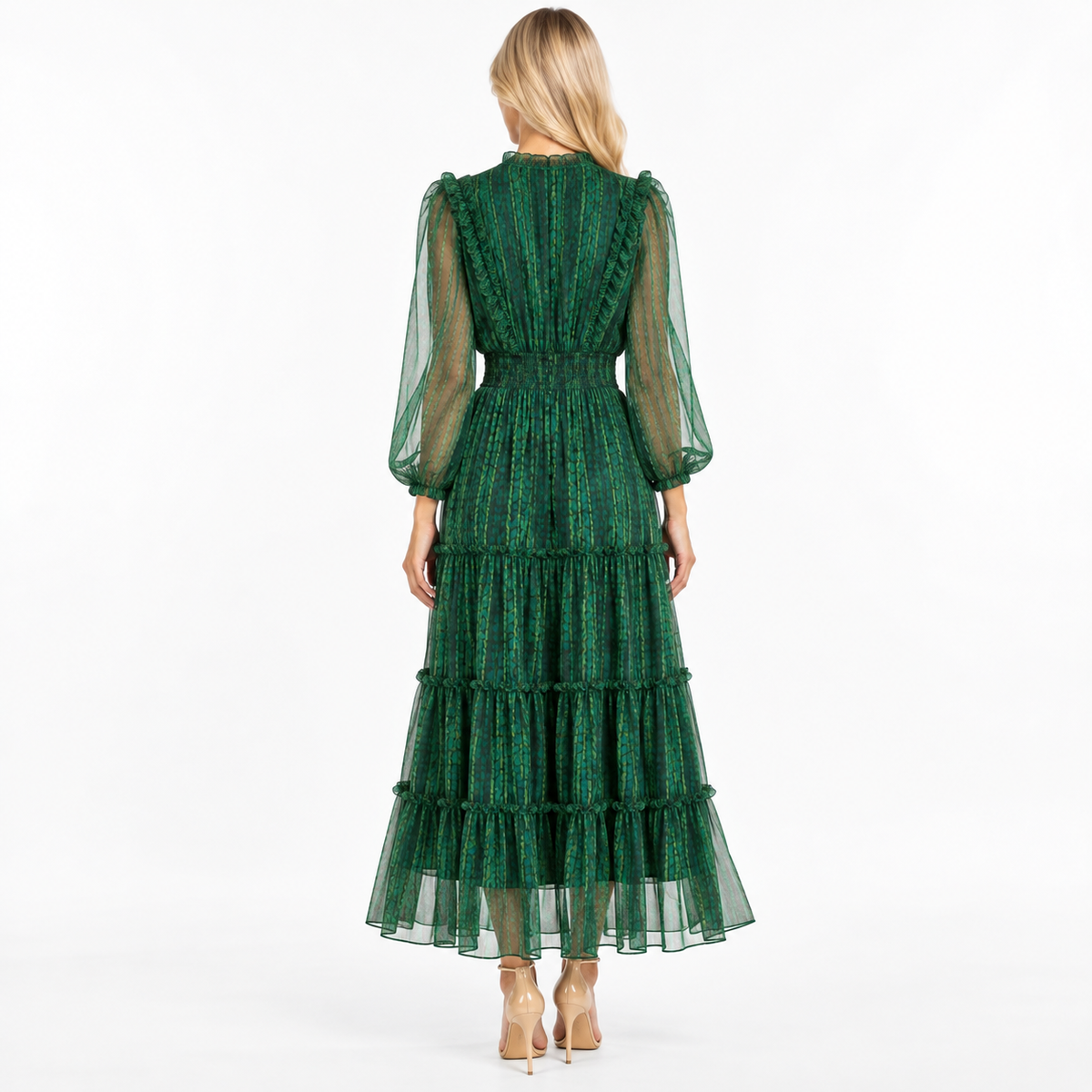 Emerald Green Floral Chiffon Maxi Dress – Holiday Party, Wedding Guest & Church Dress MAISON TARA