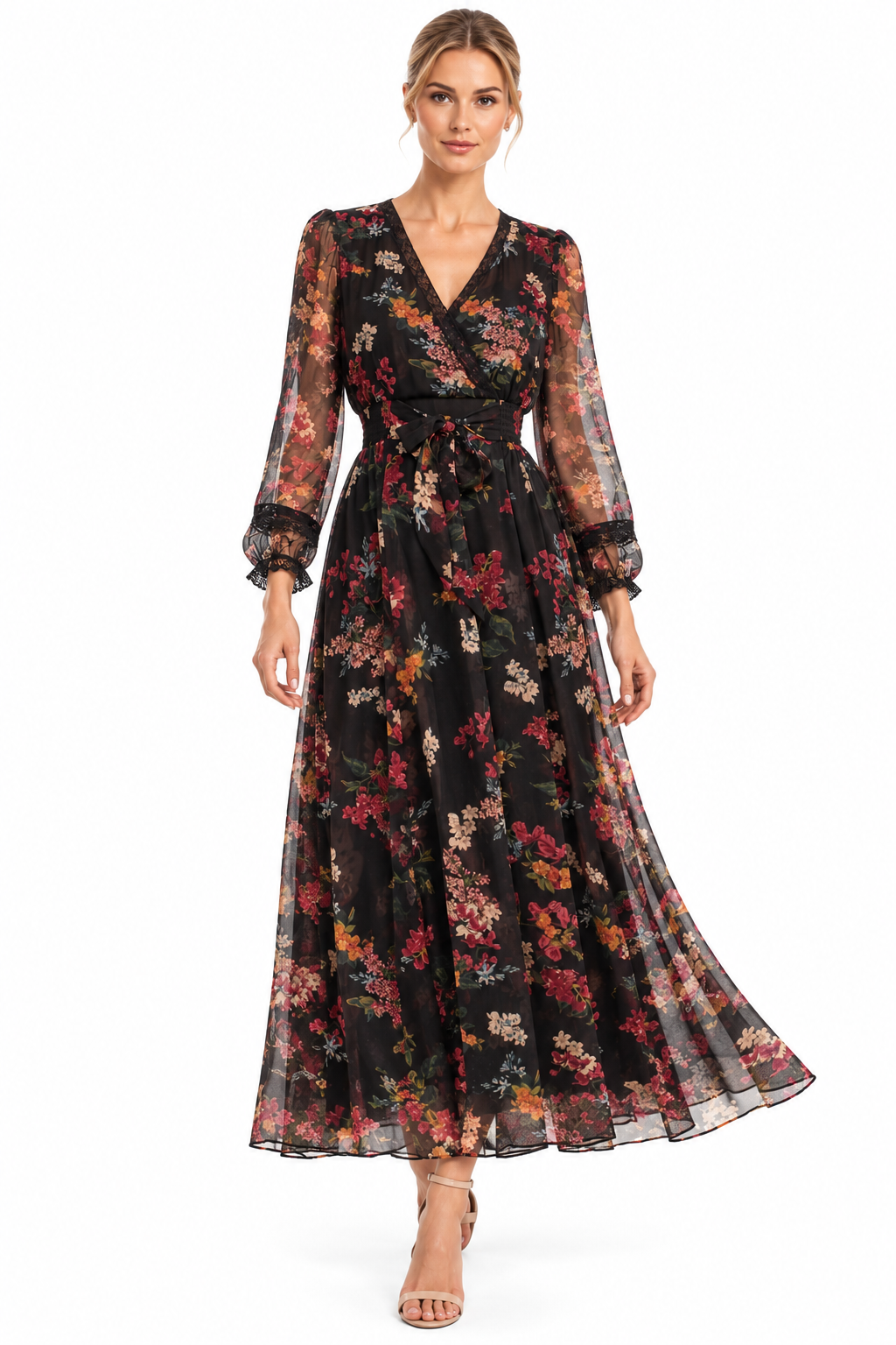 Black Floral Chiffon Maxi Wedding Guest Dress with Long Sleeves | Maison Tara