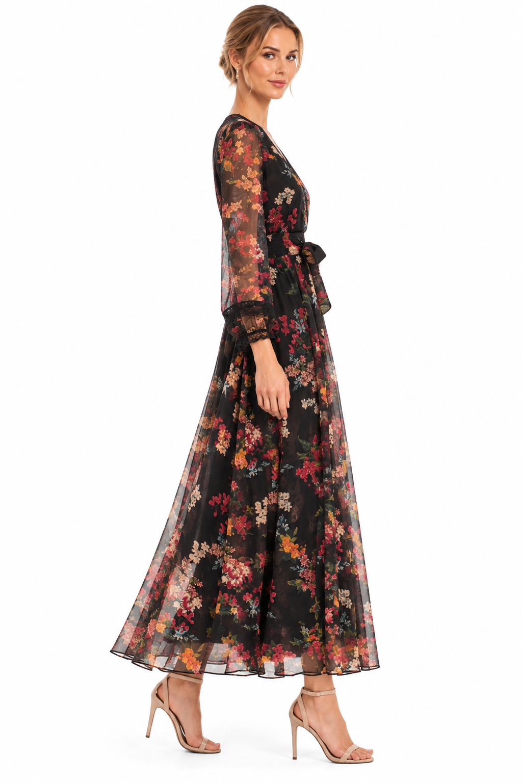 Side view of black floral long sleeve maxi dress with tie waist
