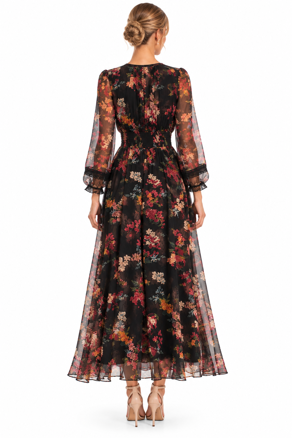 Back view of Maison Tara black floral chiffon maxi dress