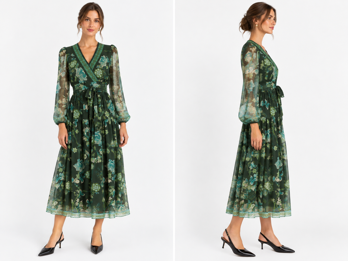 Green Floral Midi Dress | Wedding Guest & Church | Maison Tara green-floral-midi-dress-wedding-guest-church