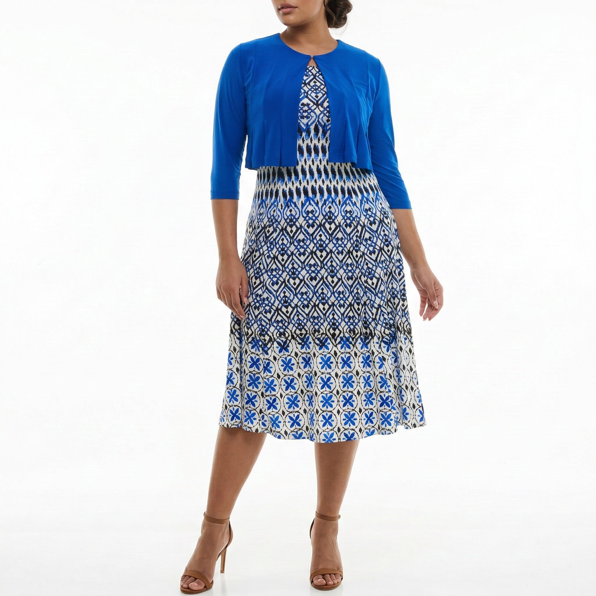 Blue Geometric Print Midi Dress with Cropped Cardigan Sleeveless Fit & Flare Occasion Dress COBALT/IVORY/BLACK / 16W Blue Geometric Print Midi Dress with Cropped Cardigan Sleeveless Fit & Flare Occasion Dress COBALT/IVORY/BLACK / 16W