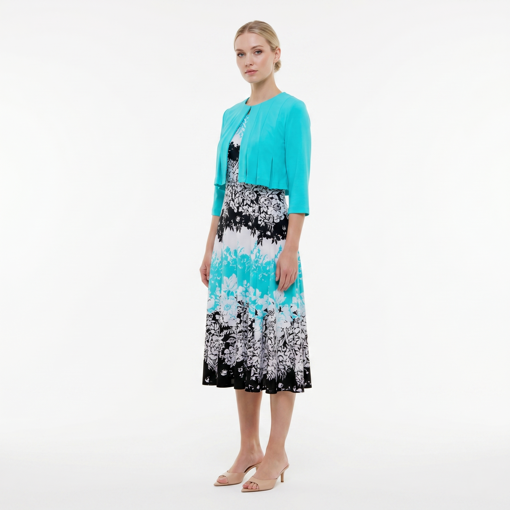 TURQUOISE FLORAL MIDI DRESS WITH CROPPED CARDIGAN – SLEEVELESS FIT & FLARE AQUA/IVORY/BLACK / 12