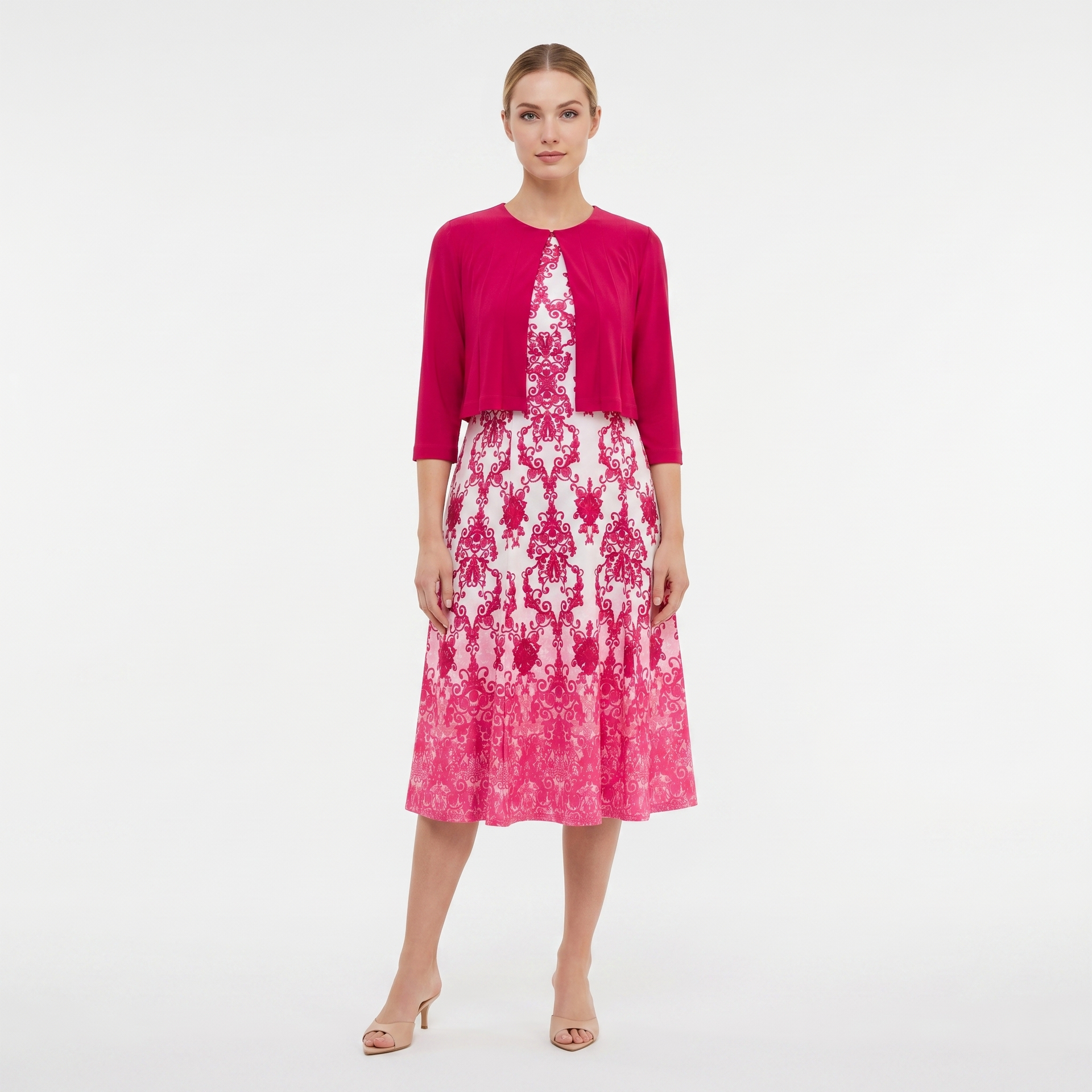 PINK FLORAL BAROQUE MIDI DRESS WITH CROPPED CARDIGAN – SLEEVELESS FIT – Kelly Grace Brands PINK FLORAL BAROQUE MIDI DRESS WITH CROPPED CARDIGAN – SLEEVELESS FIT – Kelly Grace Brands