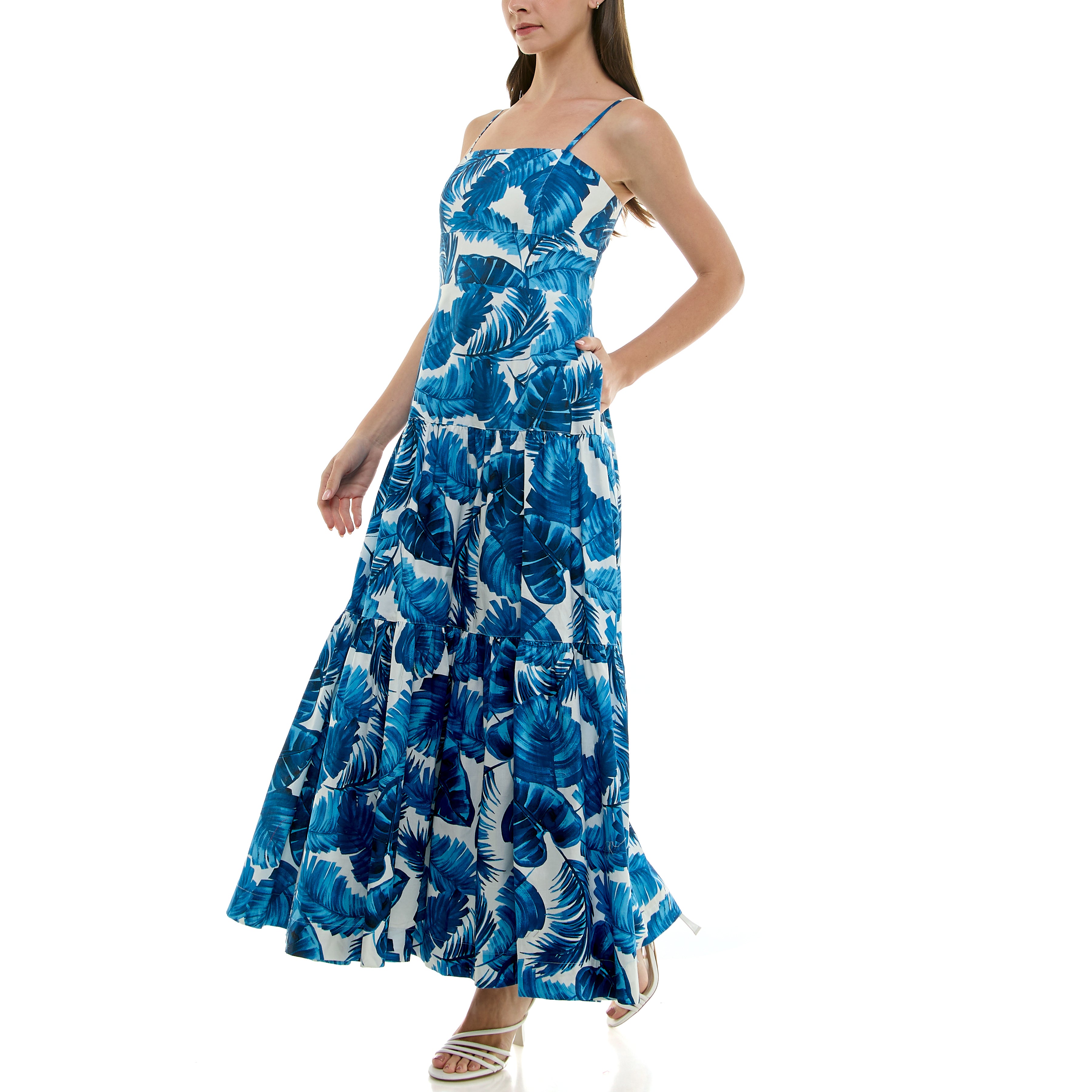 [MONOHA] / ☆ 24FW Slim layered dress / 3 colors TAYLOR SLEEVELESS TROPICAL BANANA LEAF PRINT TIERED MAXI