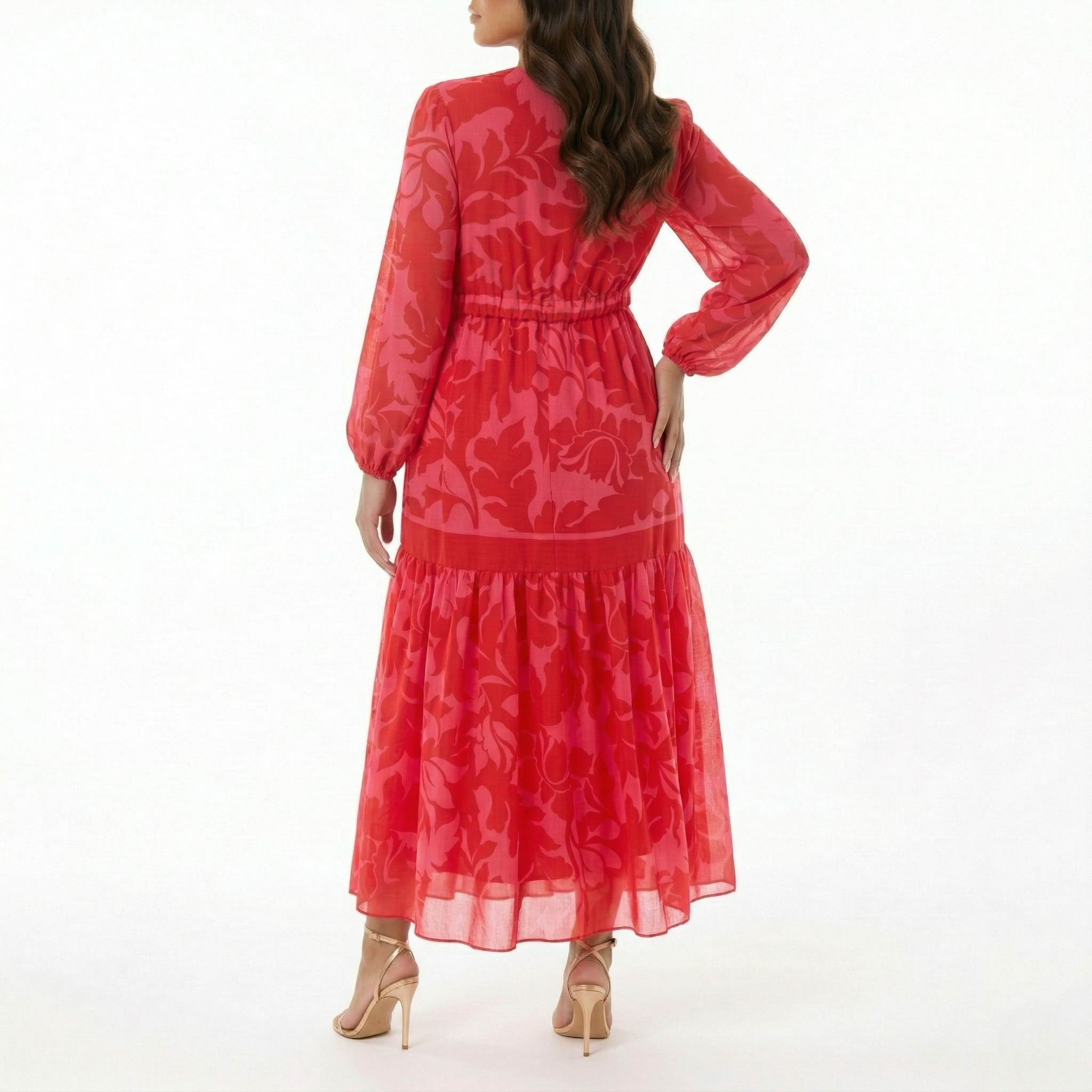 RED FLORAL CHIFFON MAXI DRESS LONG SLEEVE V-NECK EMPIRE WAIST TIERED Kelly Grace Brands RED FLORAL CHIFFON MAXI DRESS LONG SLEEVE V-NECK EMPIRE WAIST TIERED Kelly Grace Brands