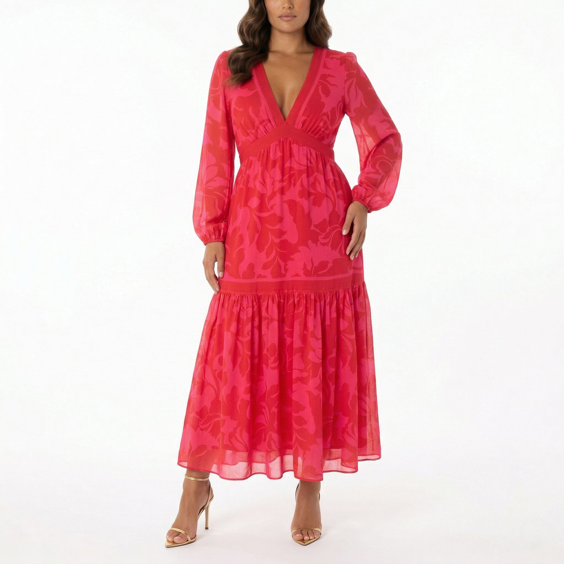 RED FLORAL CHIFFON MAXI DRESS – LONG SLEEVE V-NECK EMPIRE WAIST TIERED  ELEGANT DRESS