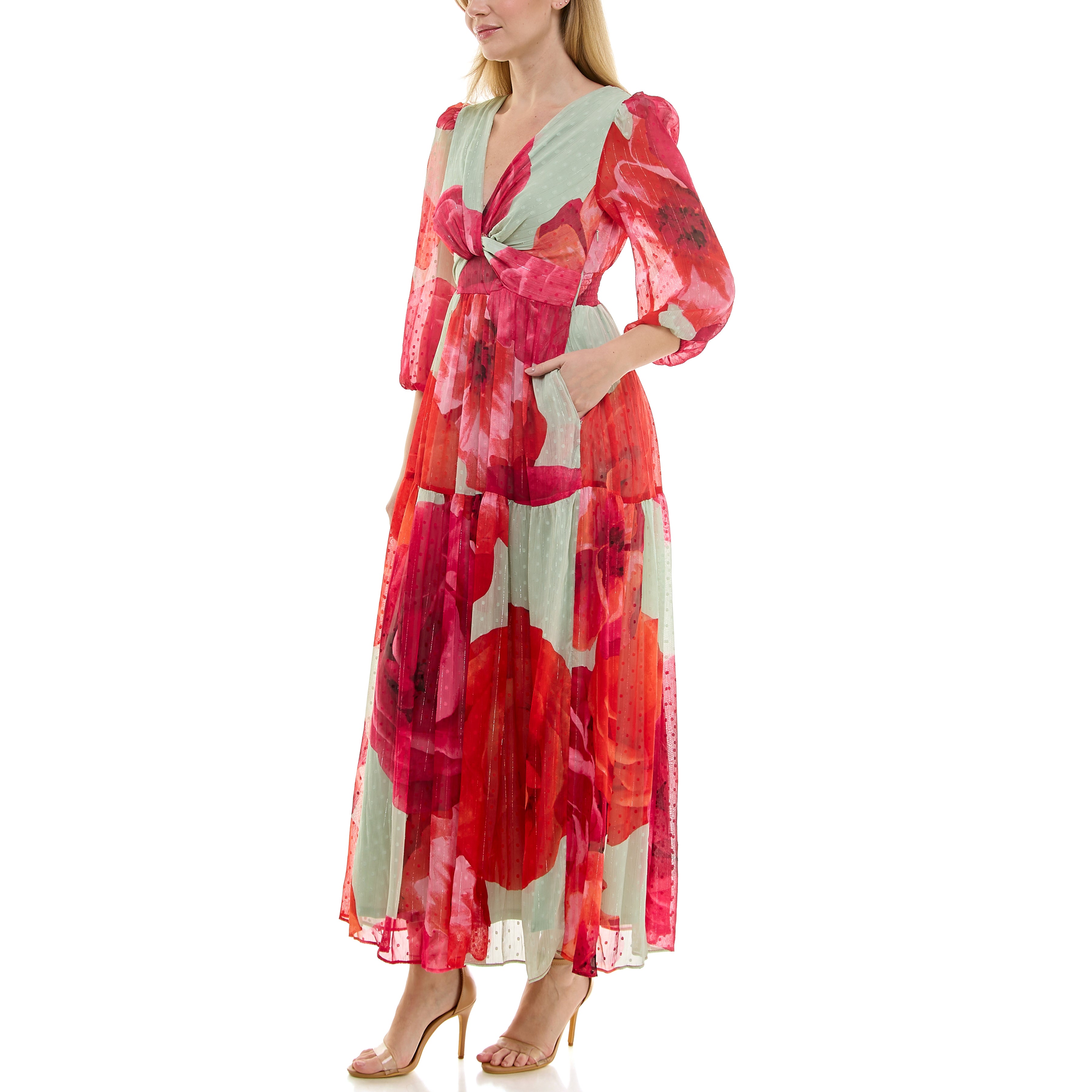 TAYLOR TWIST-WAIST POCKETED CASCADING ROSE PRINT MAXI DRESS