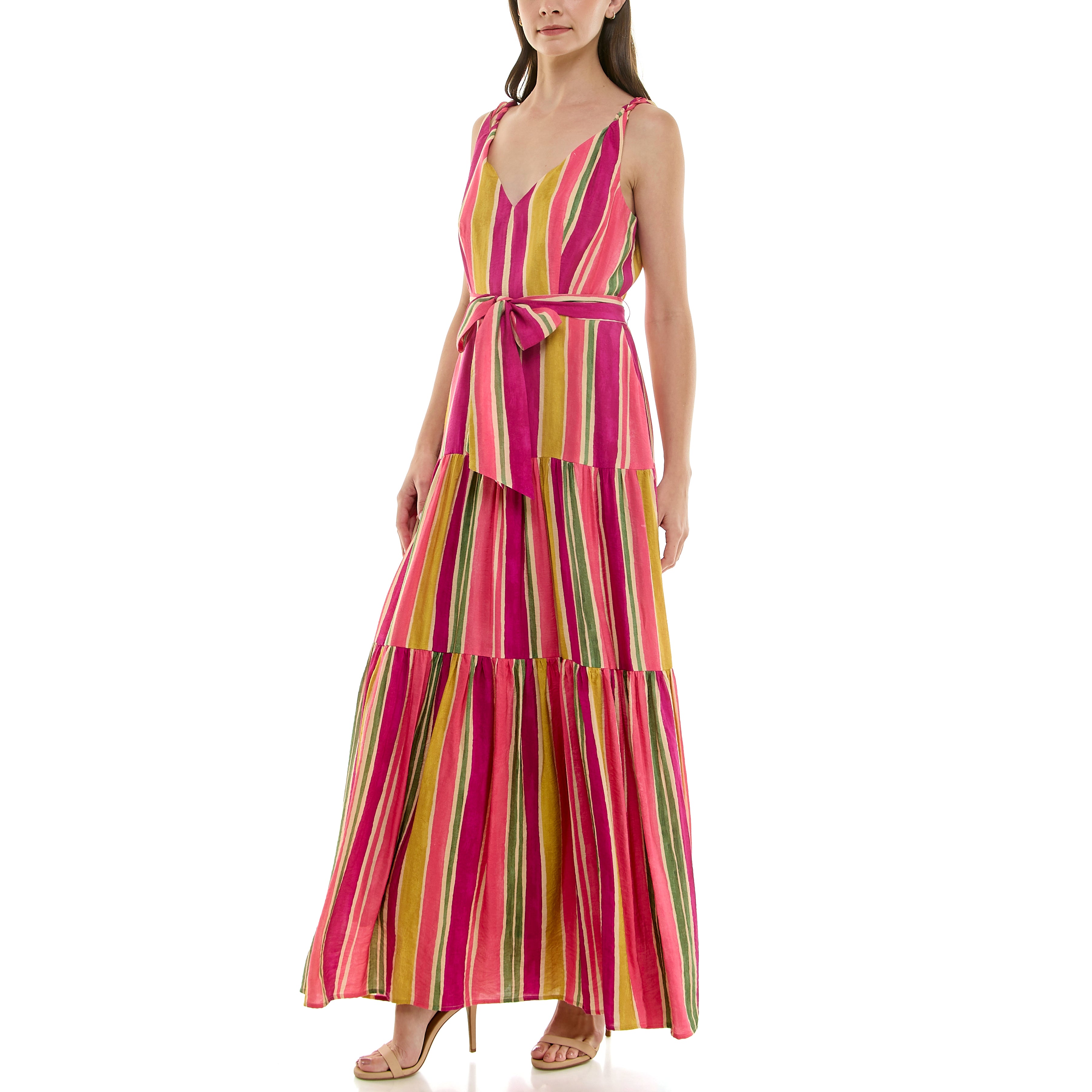 TAYLOR MULTICOLOR WIDE STRIPED TIERED TANK MAXI DRESS WITH