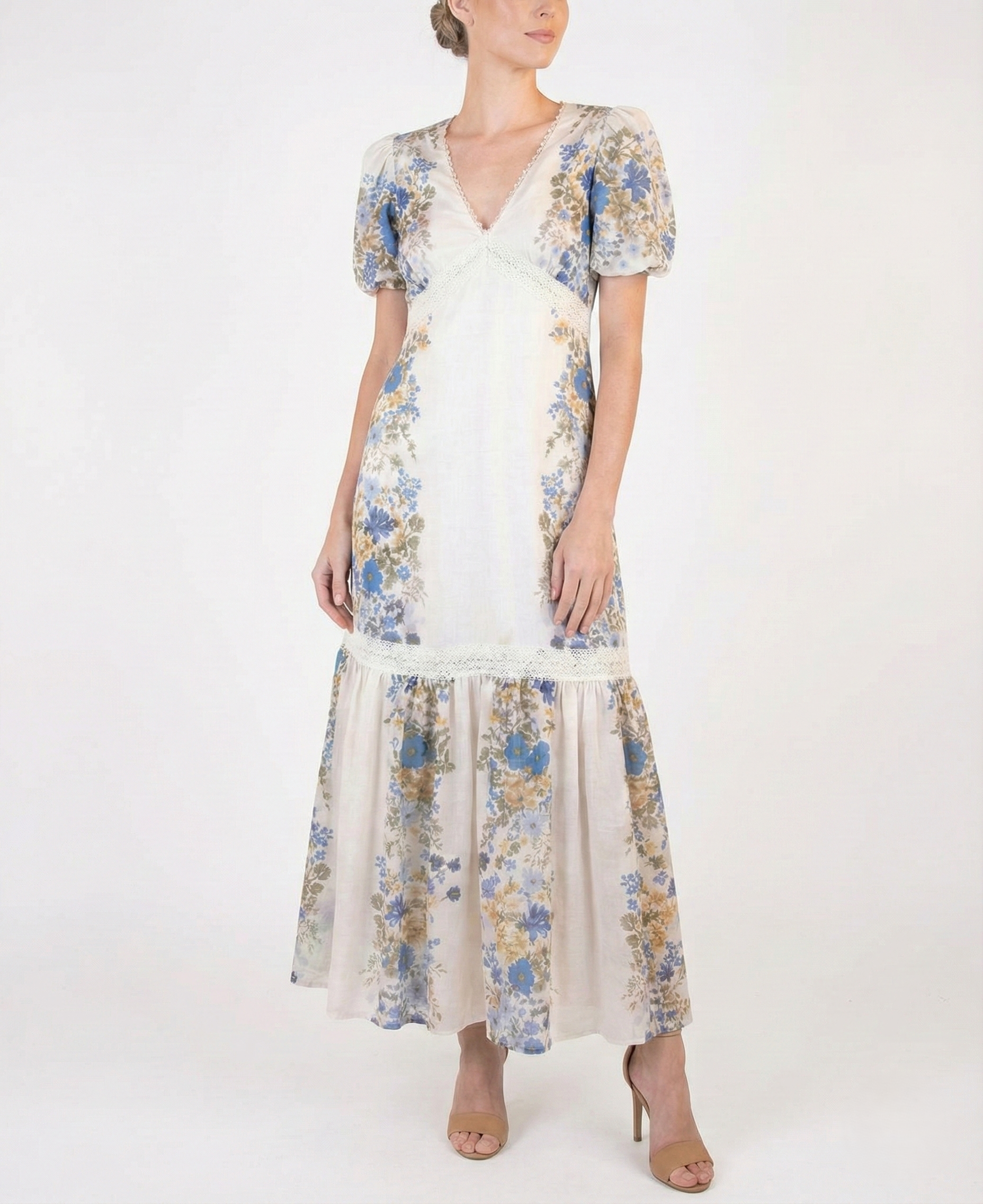 Women’s beige floral midi dress with puff short sleeves, deep V-neckline, lace trim, and flowy A-line silhouette.
