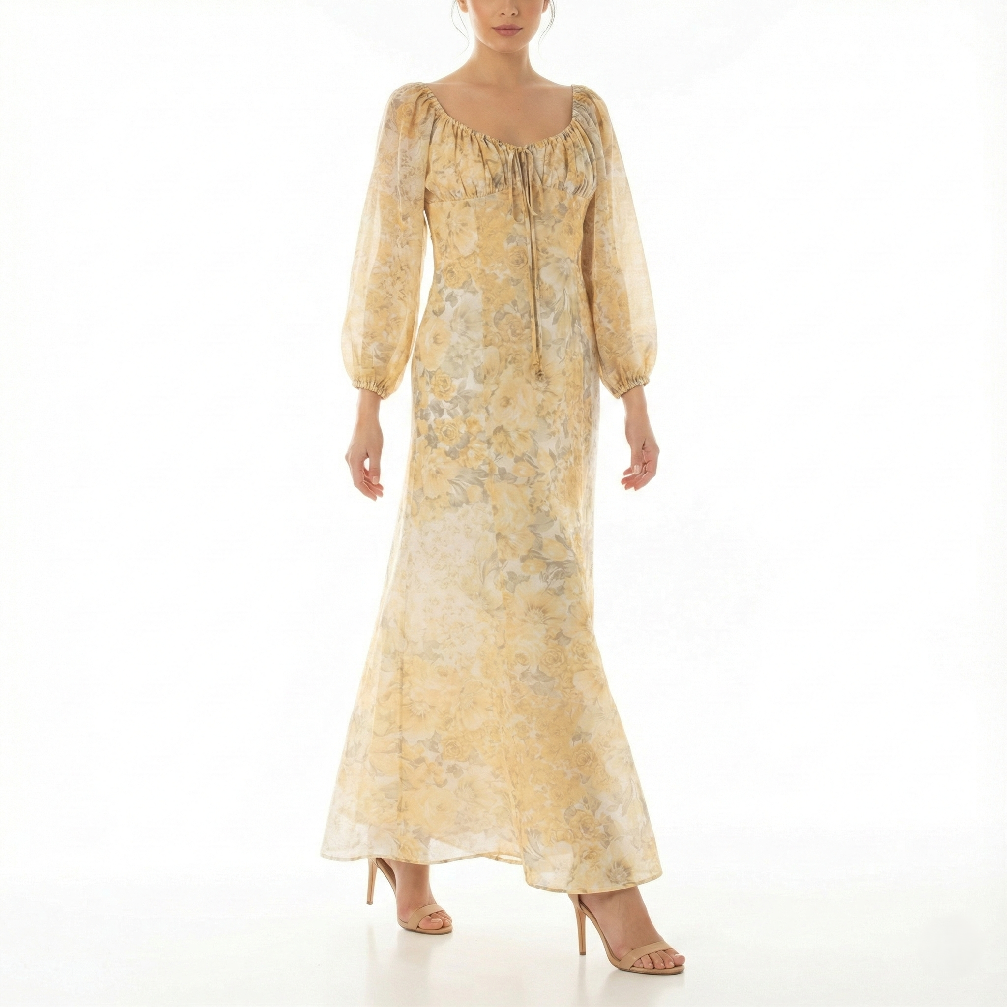Front view of a women’s yellow floral maxi dress featuring a gathered scoop neckline, long sheer puff sleeves, and lightweight flowing fabric.