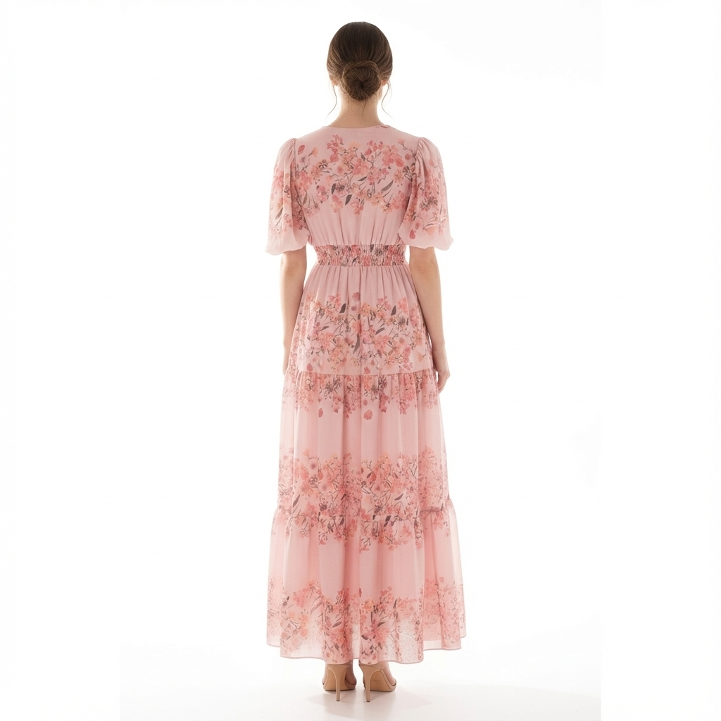Full back view of blush pink floral chiffon maxi dress with short puff sleeves, smocked waist, and tiered ankle-length skirt.