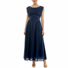 Navy blue sleeveless midi dress with gathered bodice, empire waist, and flowing chiffon skirt, front view.
