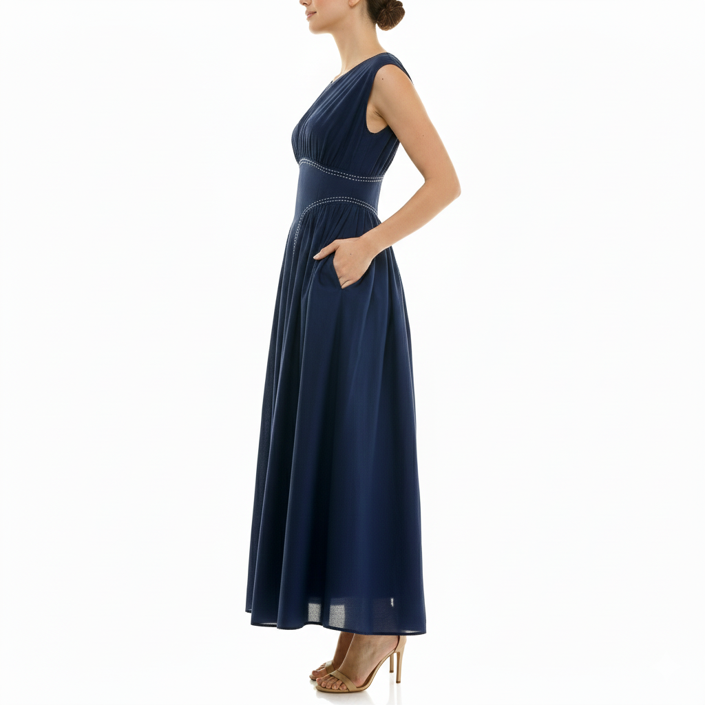 Navy blue sleeveless midi dress with empire waist, soft pleating, and side pockets, side profile view.