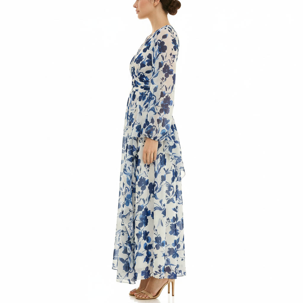 Side view of women’s long-sleeve blue floral maxi dress featuring sheer chiffon fabric, empire waist, and lightweight flowing silhouette.