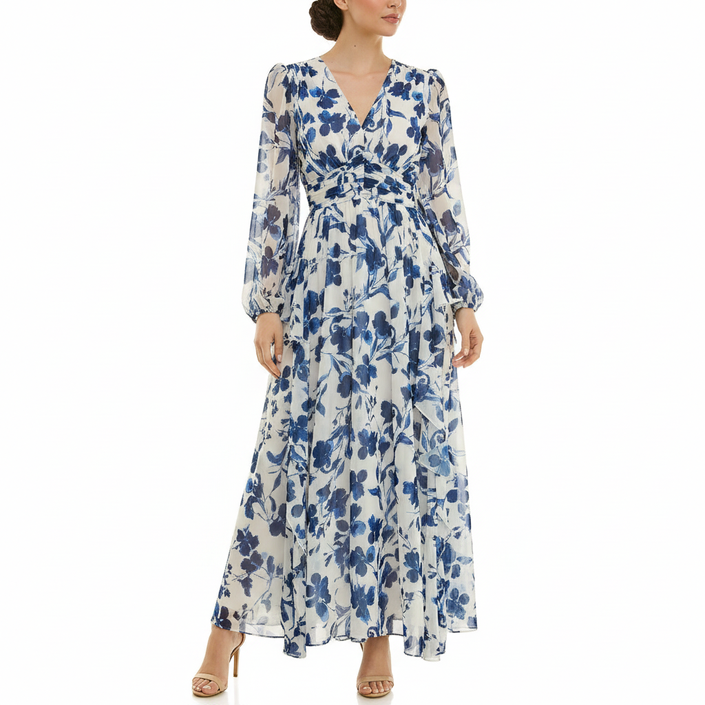 Blue and white floral chiffon maxi dress for women featuring long sheer sleeves, V-neck bodice, empire waist, and lightweight flowing silhouette.