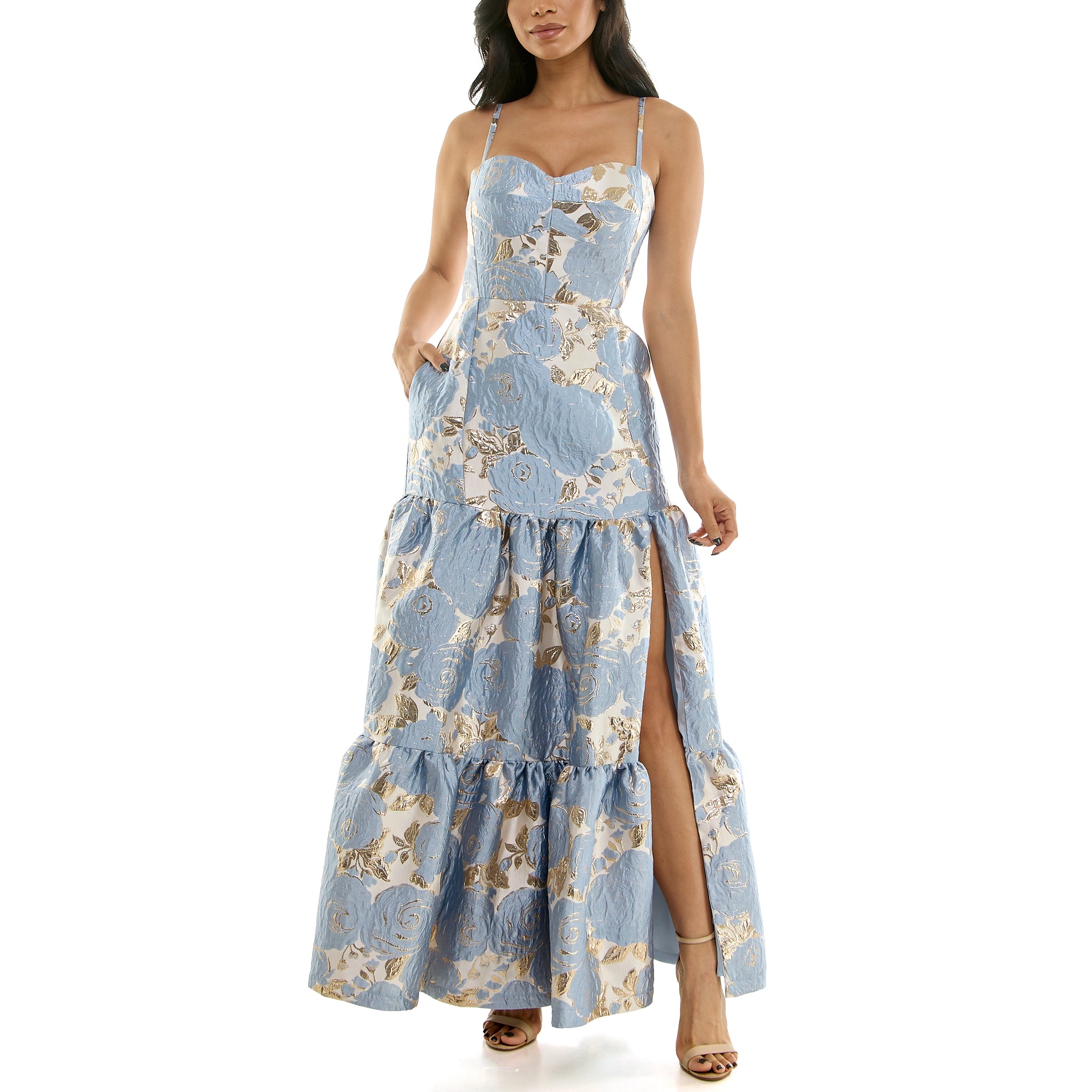 Violet Weekend Juniors' Floral Sweetheart-Neck Tiered Gown - Blue Multi