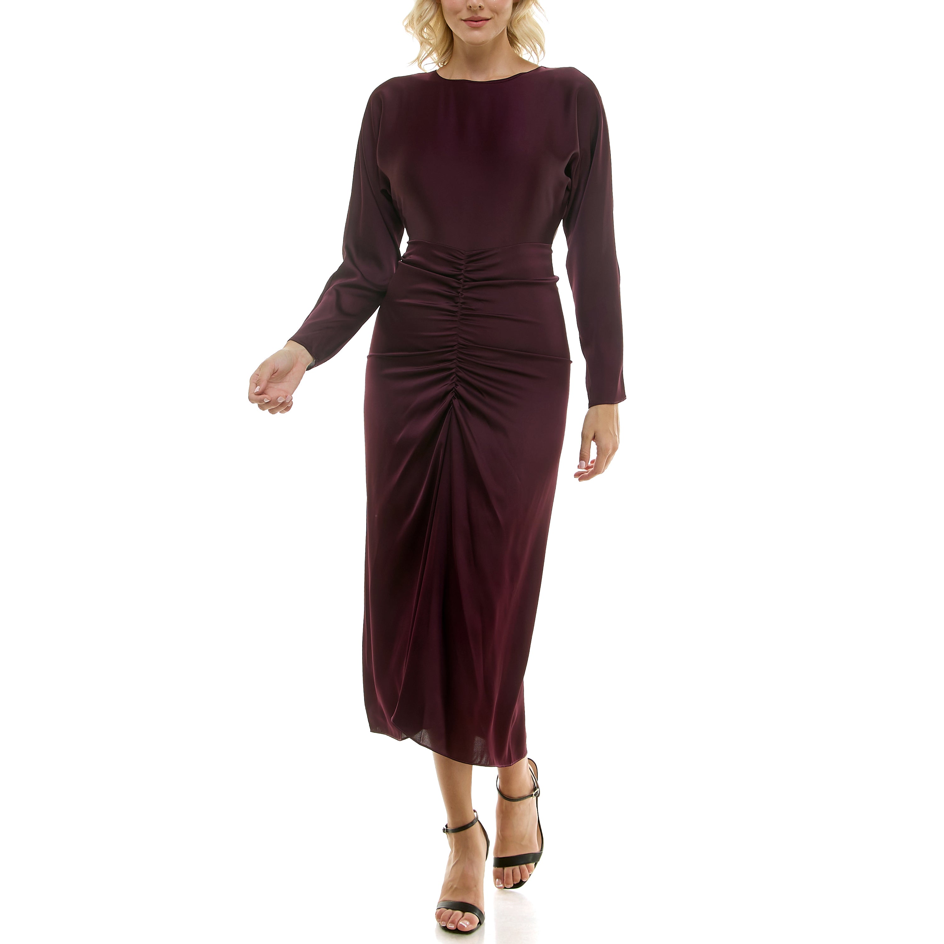 TAYLOR LONG SLEEVE RUCHED GATHERED FRONT SATIN MIDAXI DRESS
