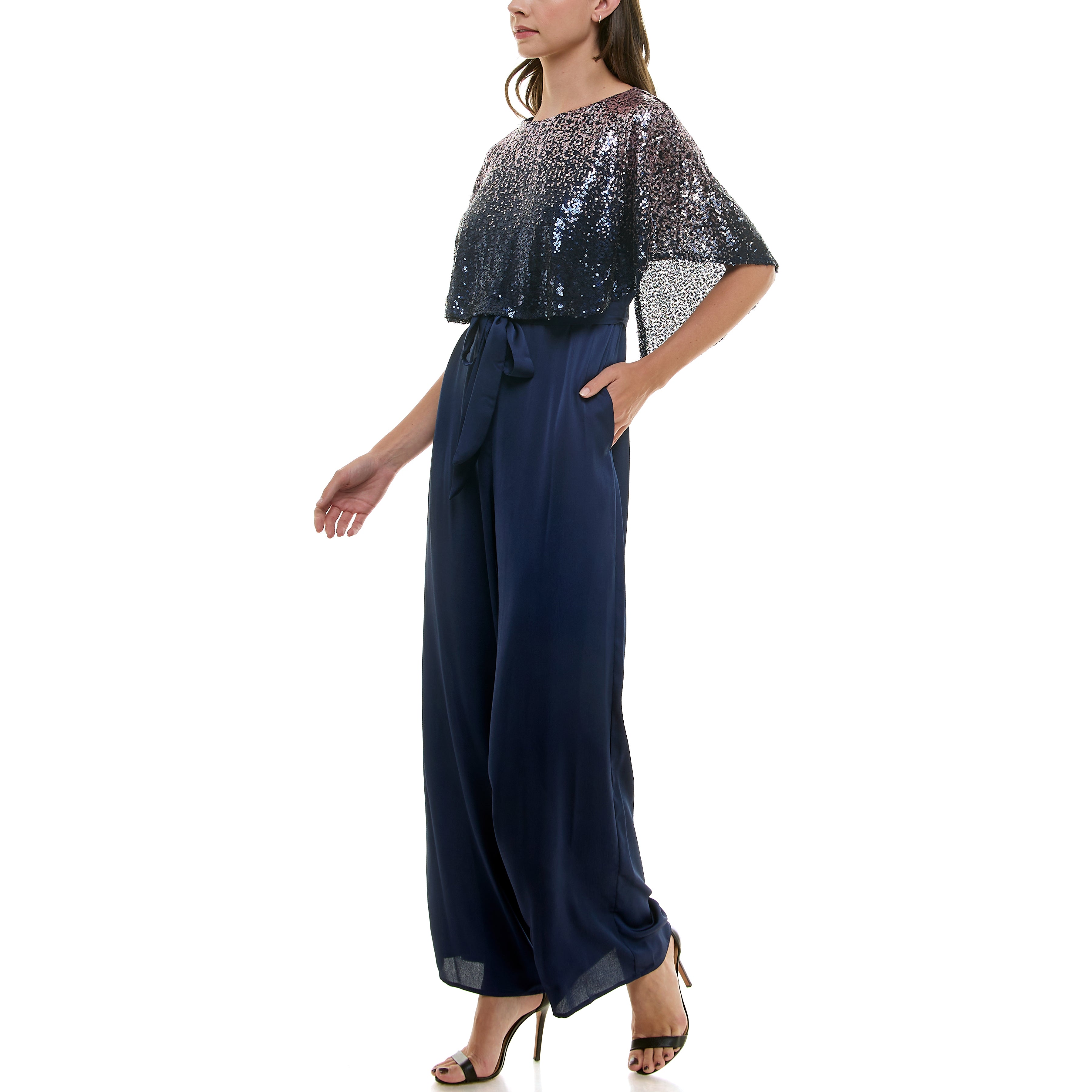MAISON TARA OMBRE SEQUINED CAPELET FLARE LEG JUMPSUIT