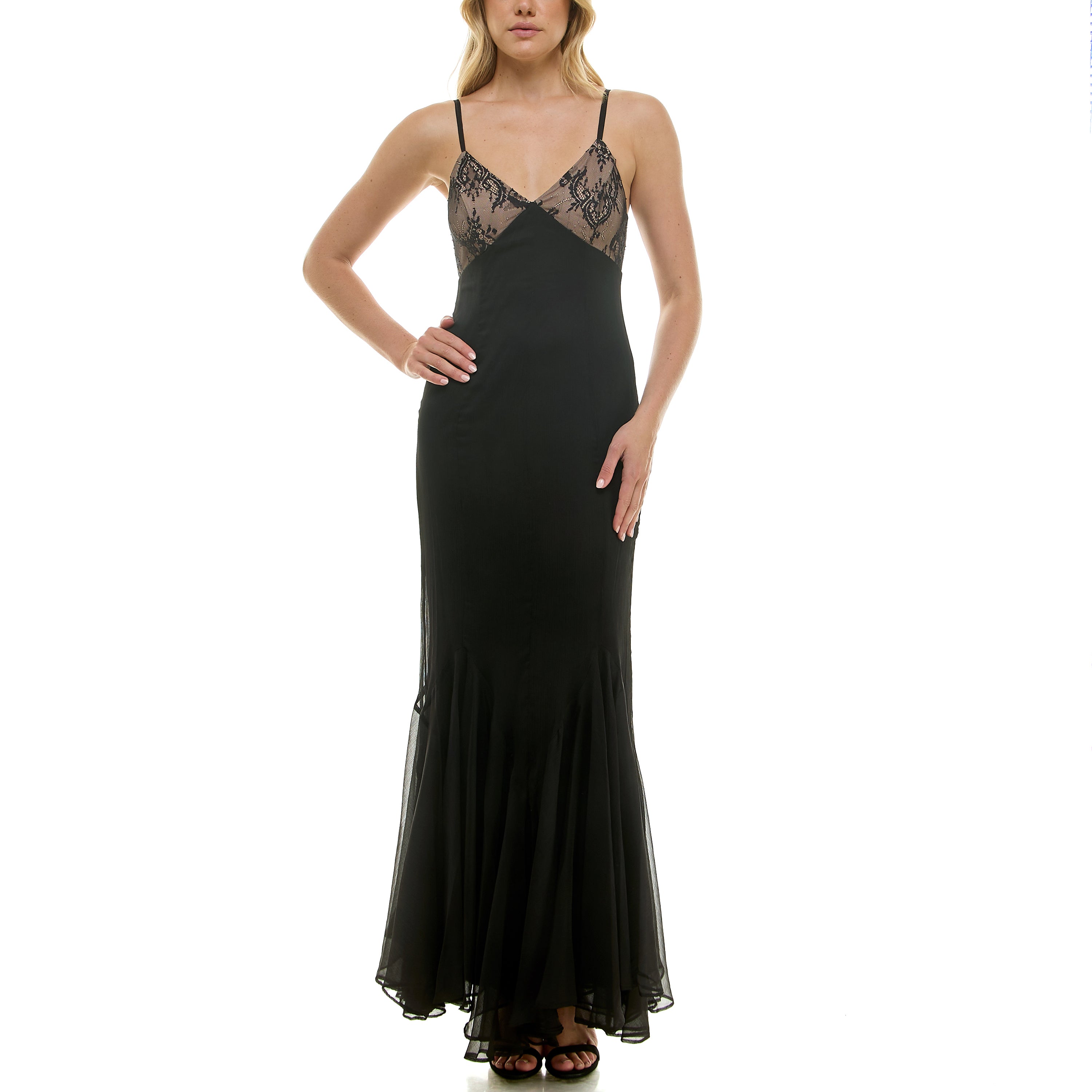 TAYLOR LACE BODICED CHIFFON RUFFLED HEM GOWN - FINAL SALE
