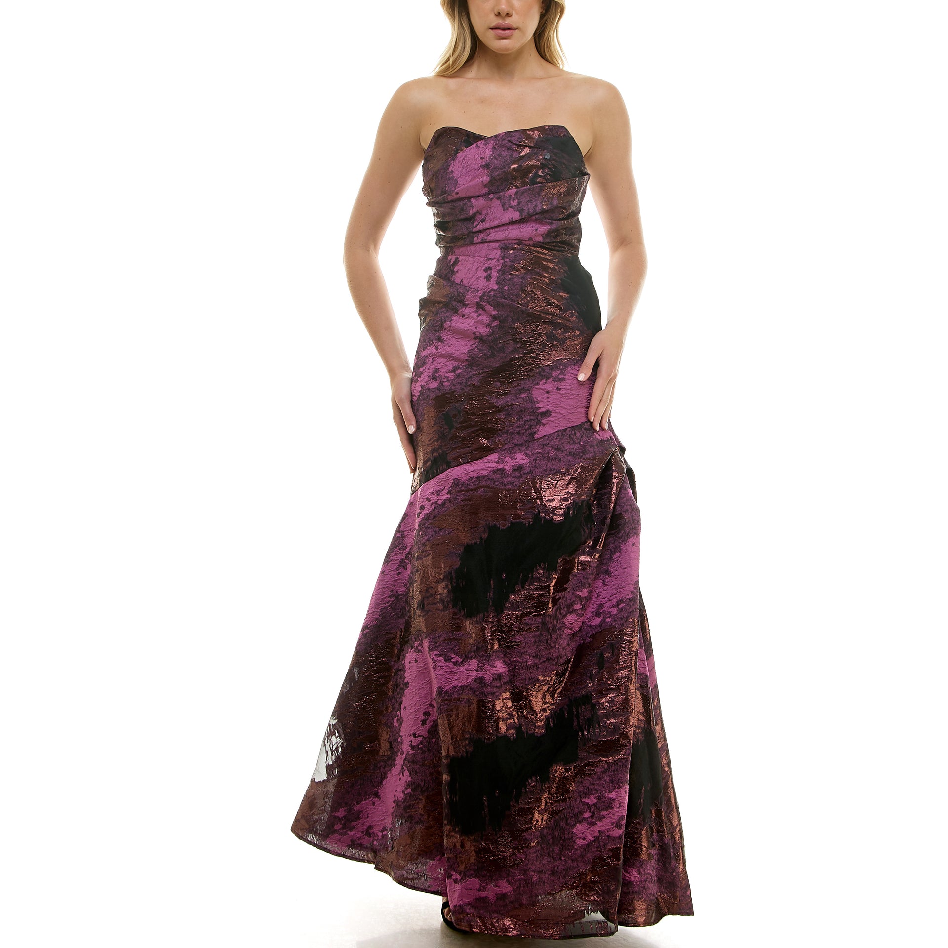 Taylor Strapless Purple Metallic Jacquard Gown Plum / 12