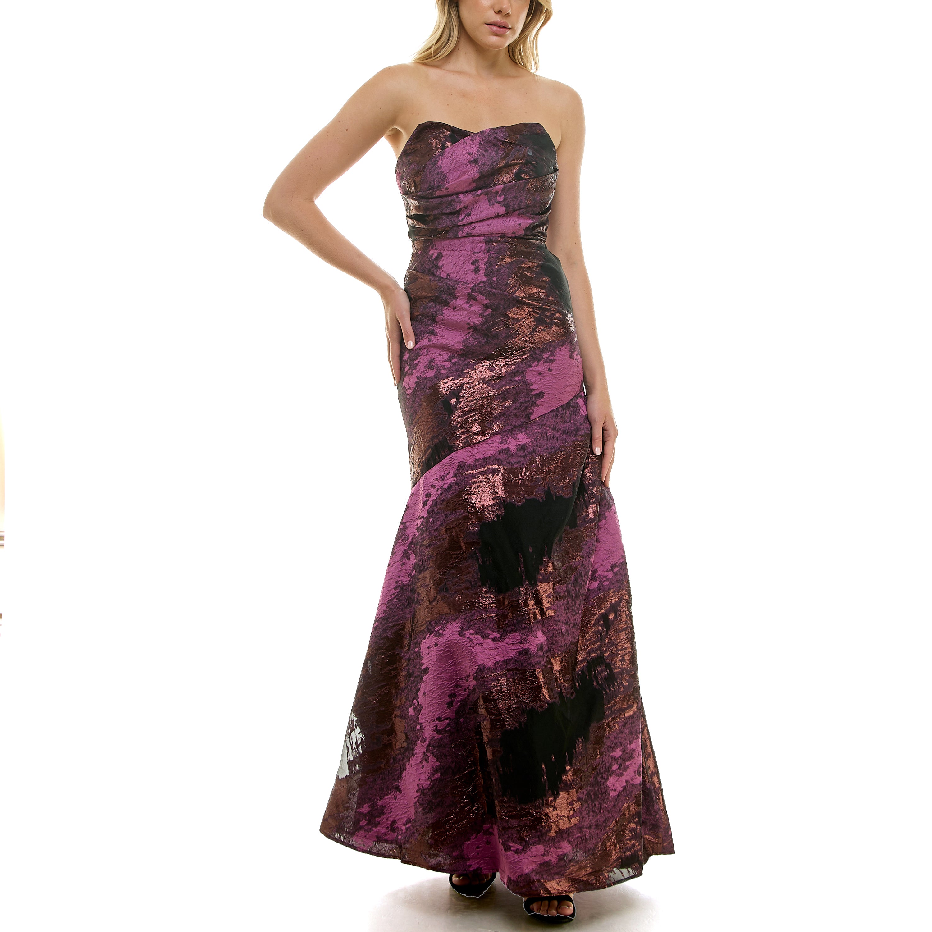 パーティードレス Strapless Green Purple Print Party Dress 9092S_Plum_Front_3.jpg?v=