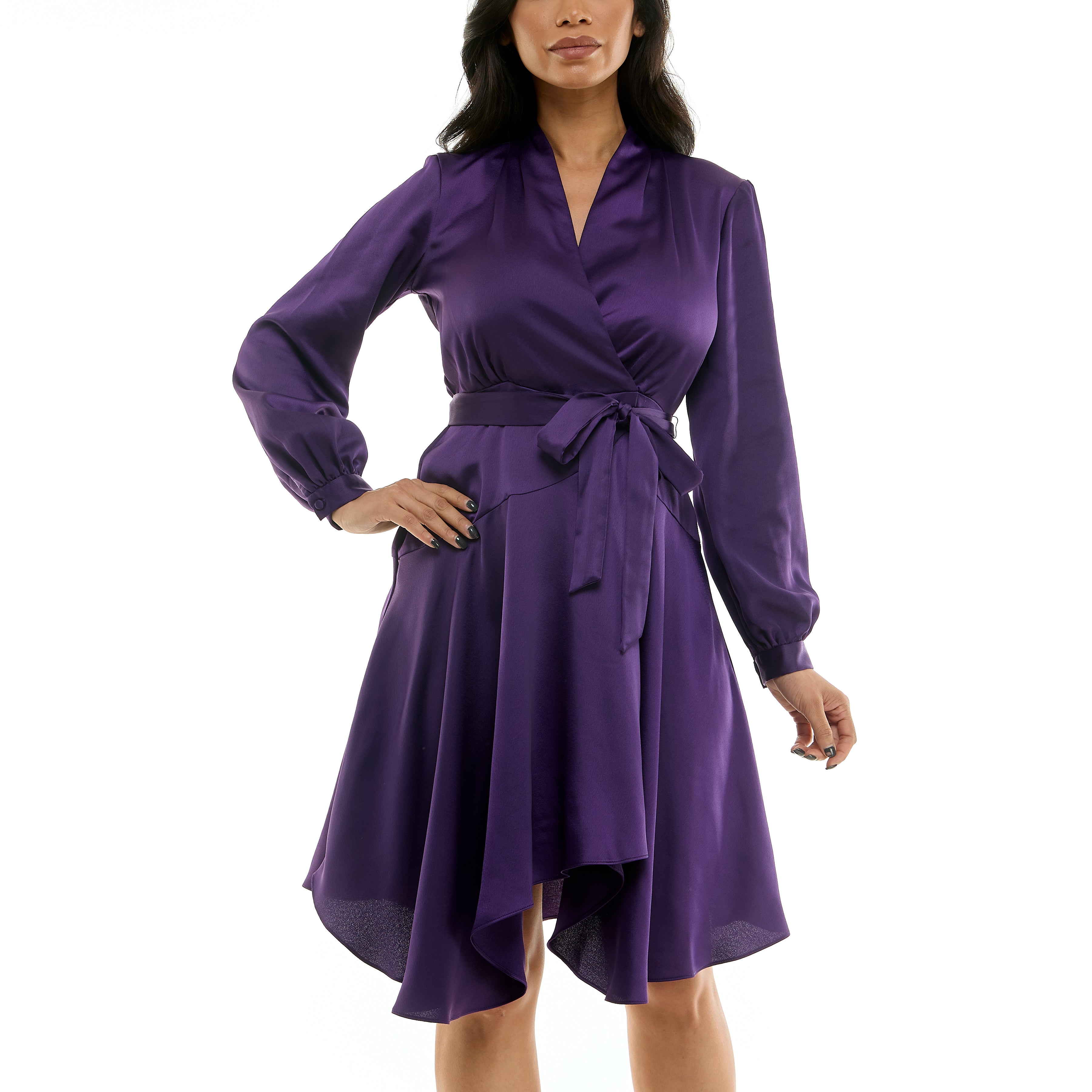 MAISON TARA PUFF SLEEVE CINCTURED WRAP MINI DRESS