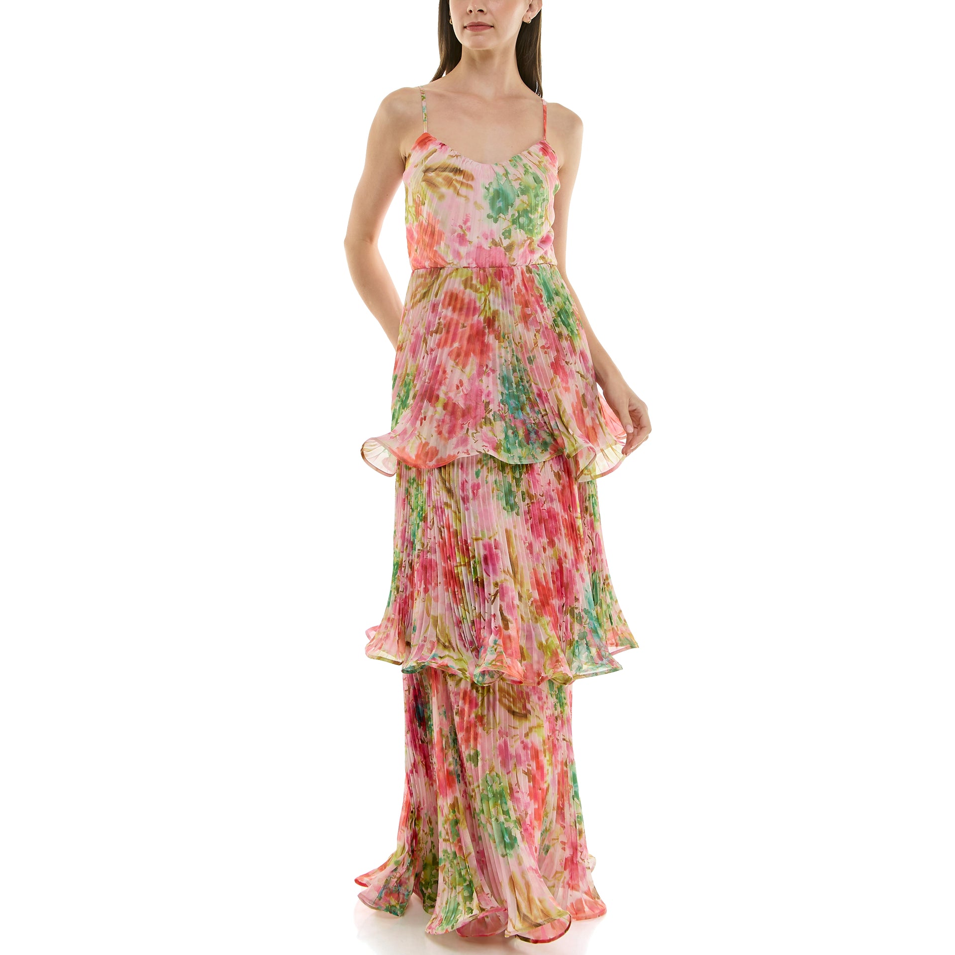 Taylor Women's Printed Pleated Tiered Sleeveless Gown - Pink Carnation