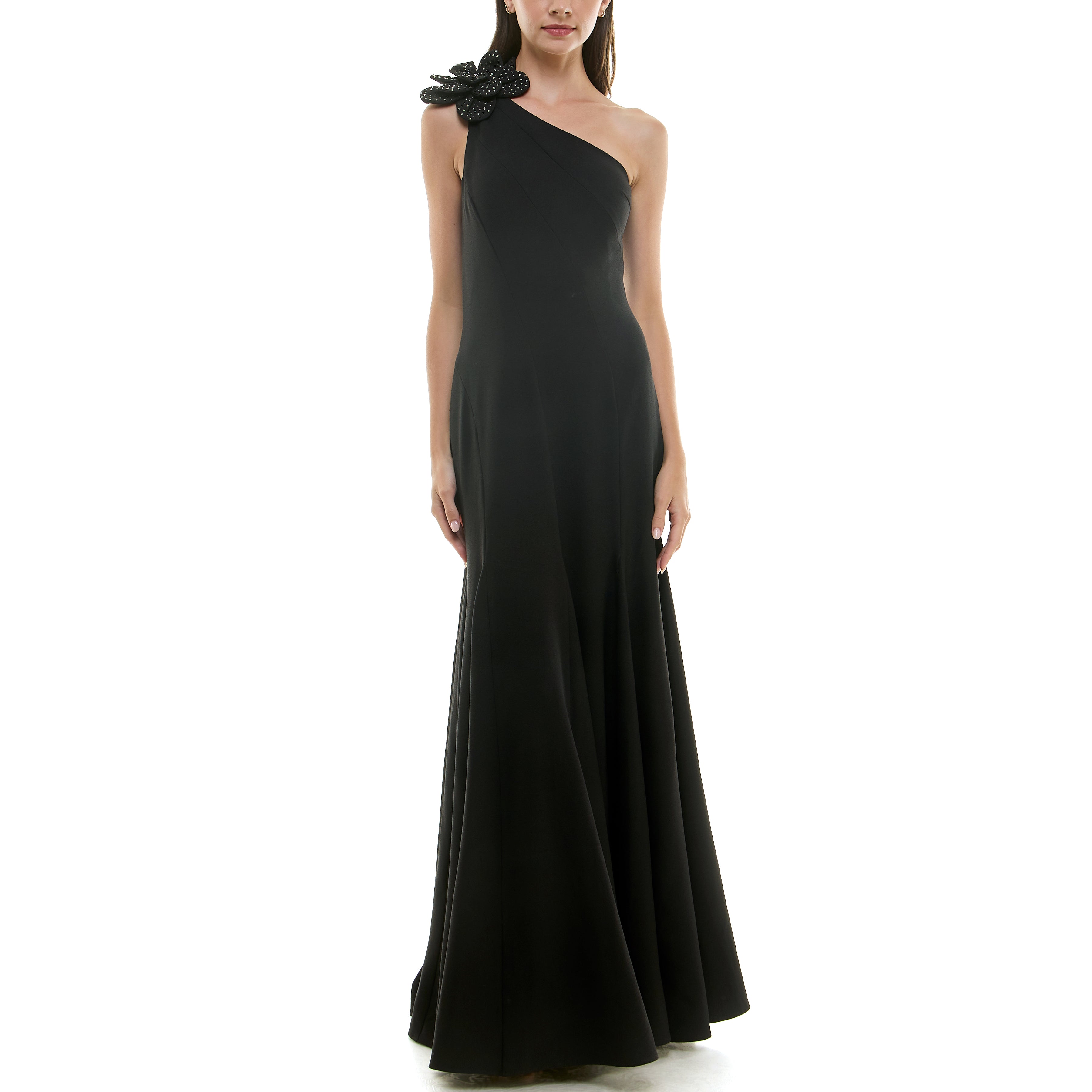 TAYLOR FLOWER EMBELLISHED ASYMMETRIC ONE SHOULDER GOWN