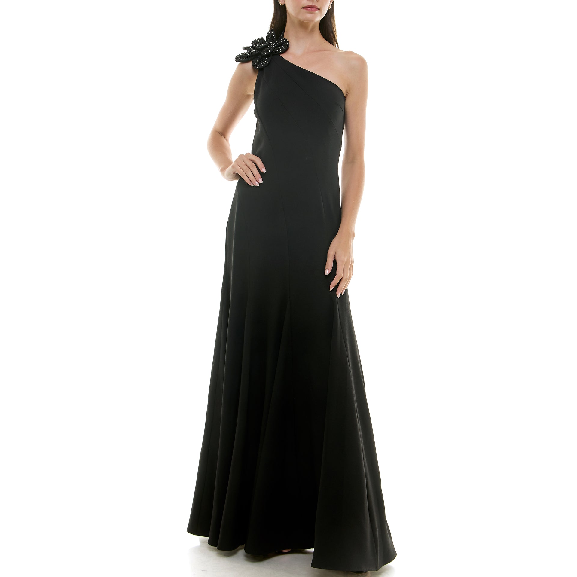 Taylor Flower Embellished Asymmetric One Shoulder Gown Black / 8 Taylor Flower Embellished Asymmetric One Shoulder Gown Black / 8