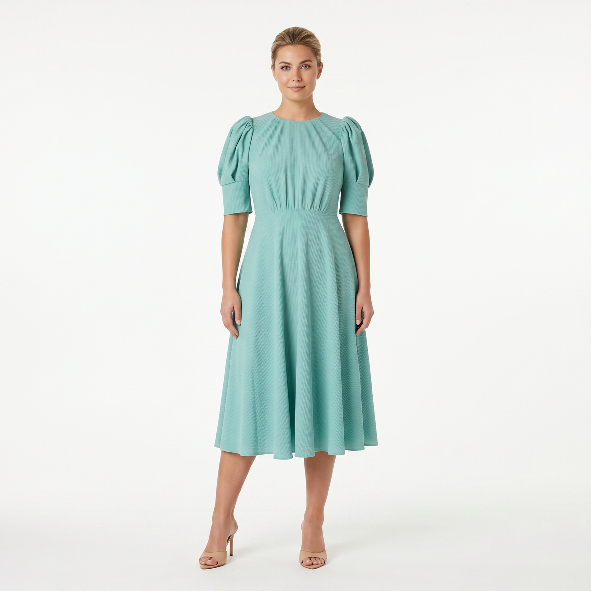 aqua cocktail dress PUFF SLEEVE MIDI – HIGH NECK A-LINE ELEGANT OCCASION DRESS Green / 18W 00s Leely Women Royal Blue Royal Blue Pants Size:32 R
